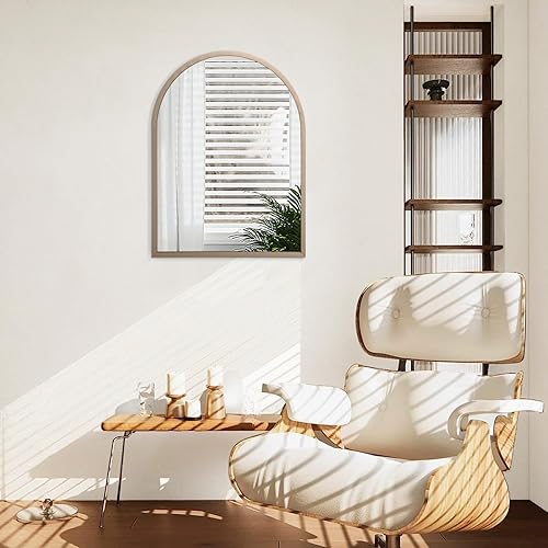 Miniatura 258 de Espejo de pared arqueado negro con marco de aleación de aluminio, espejo de baño de metal cepillado, espejo montado en la pared para sala de estar