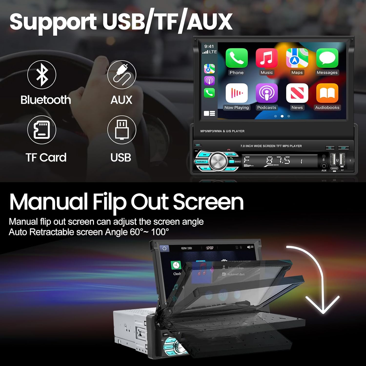 Single Din Car Radio with Bluetooth, Wireless Carplay ＆ Android Auto, 7 Inch Flip Out Screen Retractable Car Stereo Support FM/SWC/TF/USB/Type C/AXU Input+ Rear View Camera