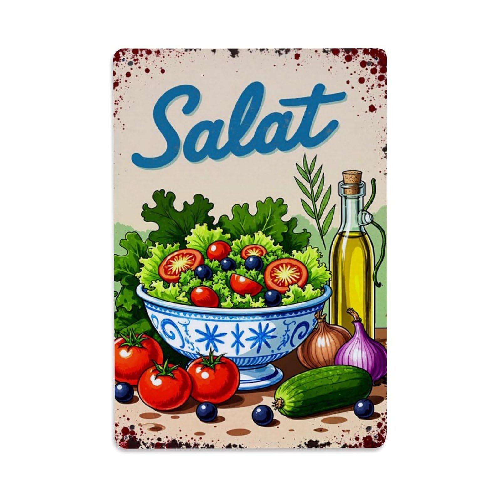 Salad Bowl With Vegetables And Oil Vintage Tin Sign Retro Metal Wall Decor Metal Poster, Home Bar Garage Farmhouse Cafe Wall Art Decoration 8x12Inches