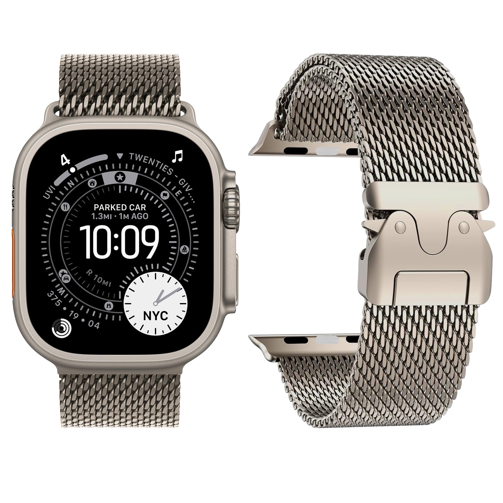 Cinturino Milanese in Titanio Compatibile con Apple Watch Ultra 3/2/1 49mm 46mm 45mm 44mm 42mm (Serie 3 2 1) Uomini Donne, Cinturini in Metallo per iWatch 11 10 9 SE 8 7 6 5 4, Fibbia Stile Paracadute