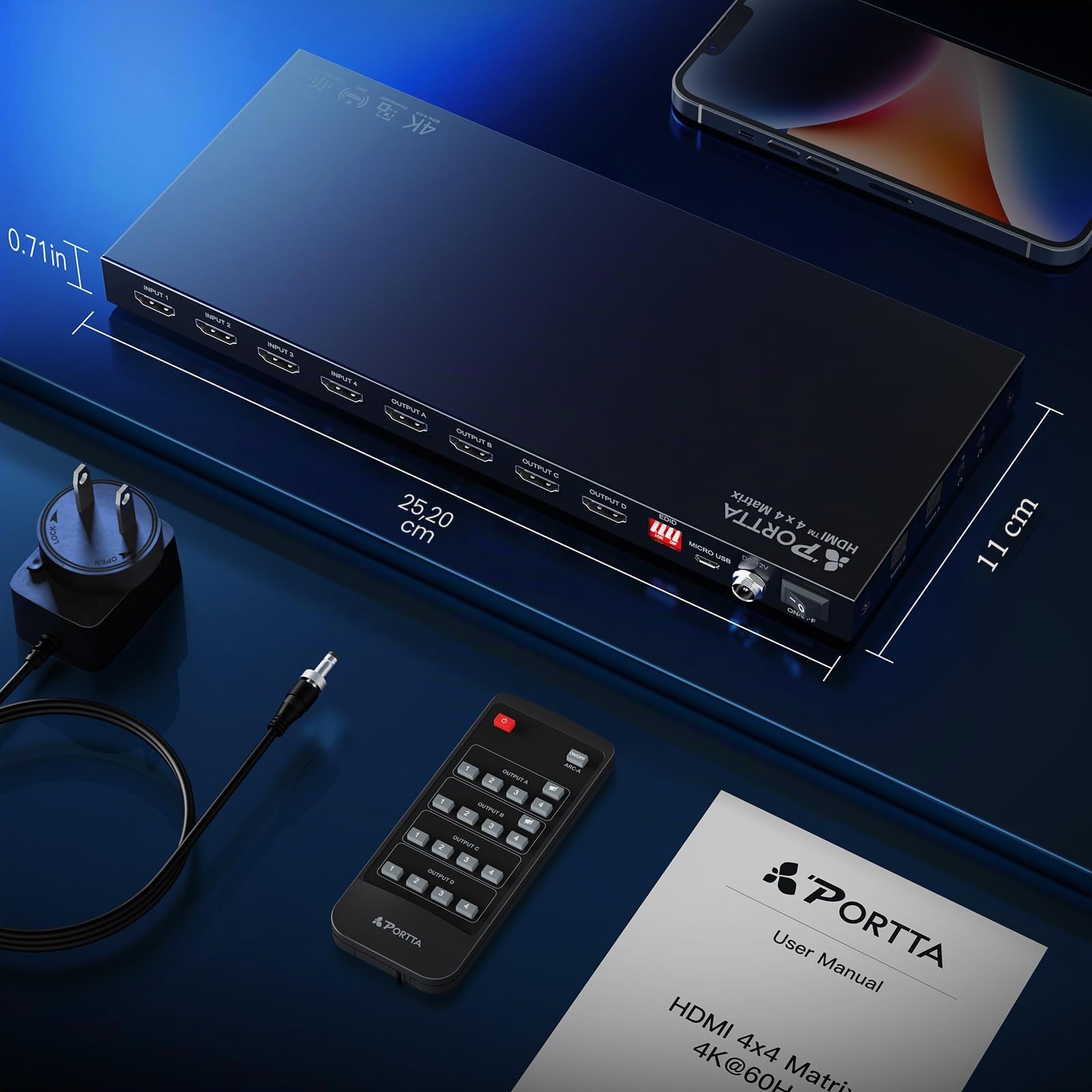 4x4 HDMI Matrix 4K 60Hz, PORTTA 4 in 4 Out Switch Splitter avec Arc, Toslink 3.5mm Audio Extractor, 16 EDID Modes, 4K Downscale, et IR Remote Soutien HDMI 2.0b, HDCP 2.3/2.2/1.4, HDR, 18Gbps