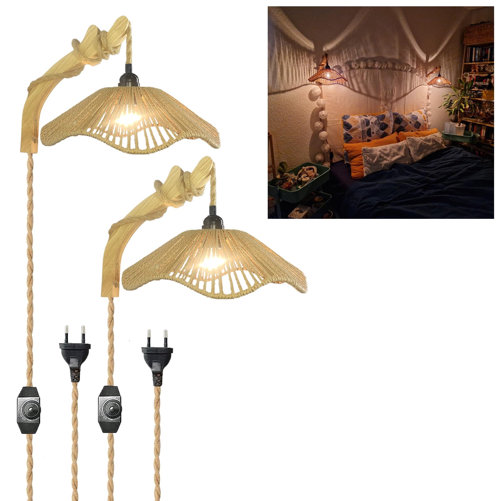 YNDD 2 Piezas Aplique Pared Ratán Boho con Regulable Interruptor y Enchufe, Rustico Vintage Lampara Pared Madera Interior 9.84FT Cable de Cáñamo Luz Pared dormitorio E27 para Salón Comedor Pasillo