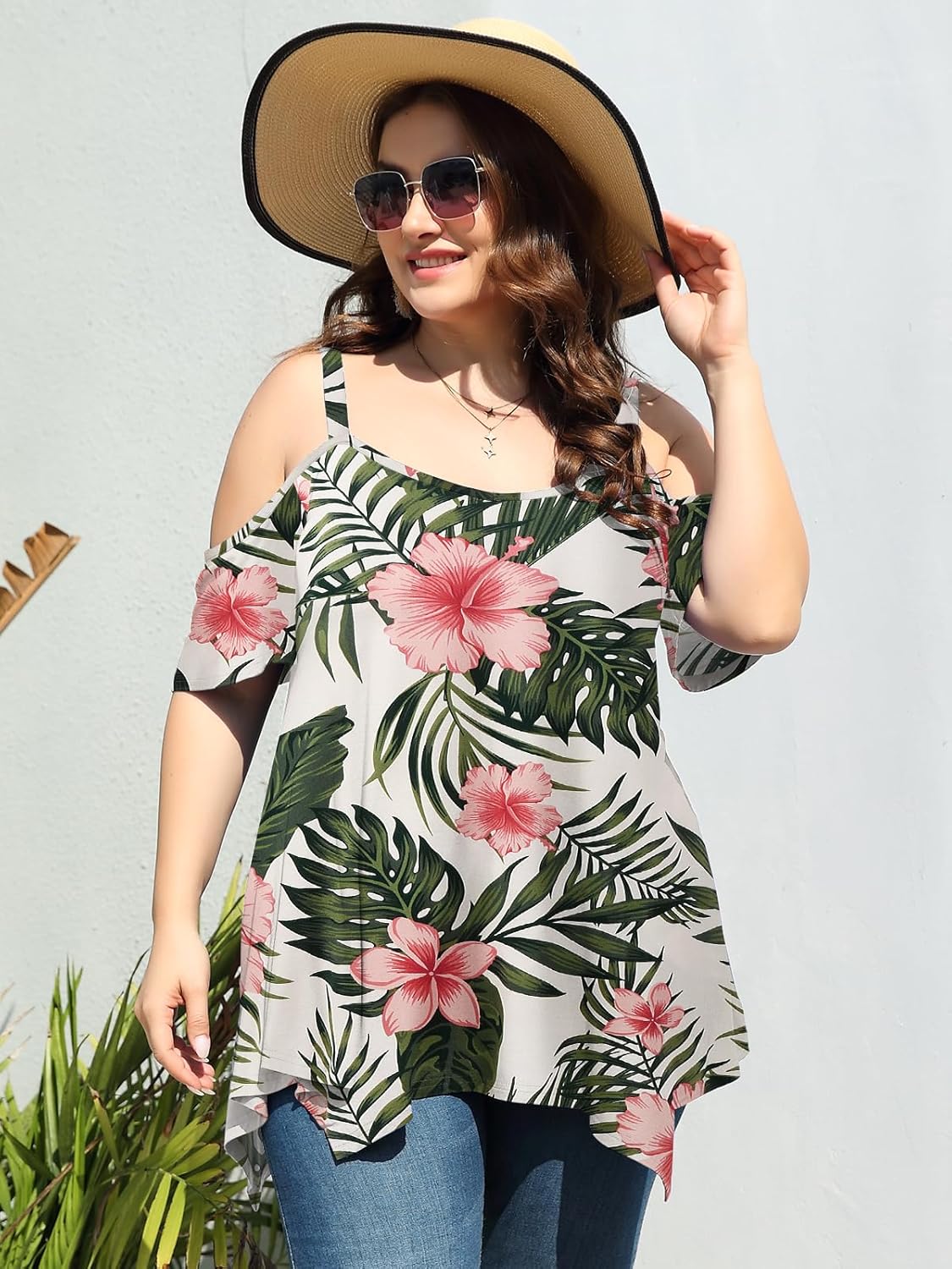 LARACE Cold Shoulder Tops for Womens Summer Clothes Spaghetti Strape Tunic Oversized Shirts Asymmetrical Plus Size Blouse - Image 2