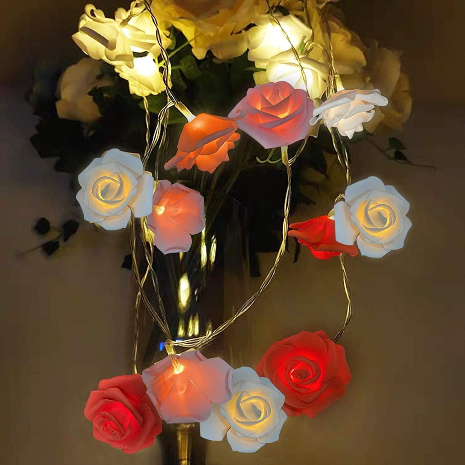 TURNMEON 10FT 30LED Rose Light Valentines Day Decorations Flower String Light Red Pink White Valentines Lights Battery Operated Valentine Garland with Lights Indoor Outdoor Home Party Wedding Decor