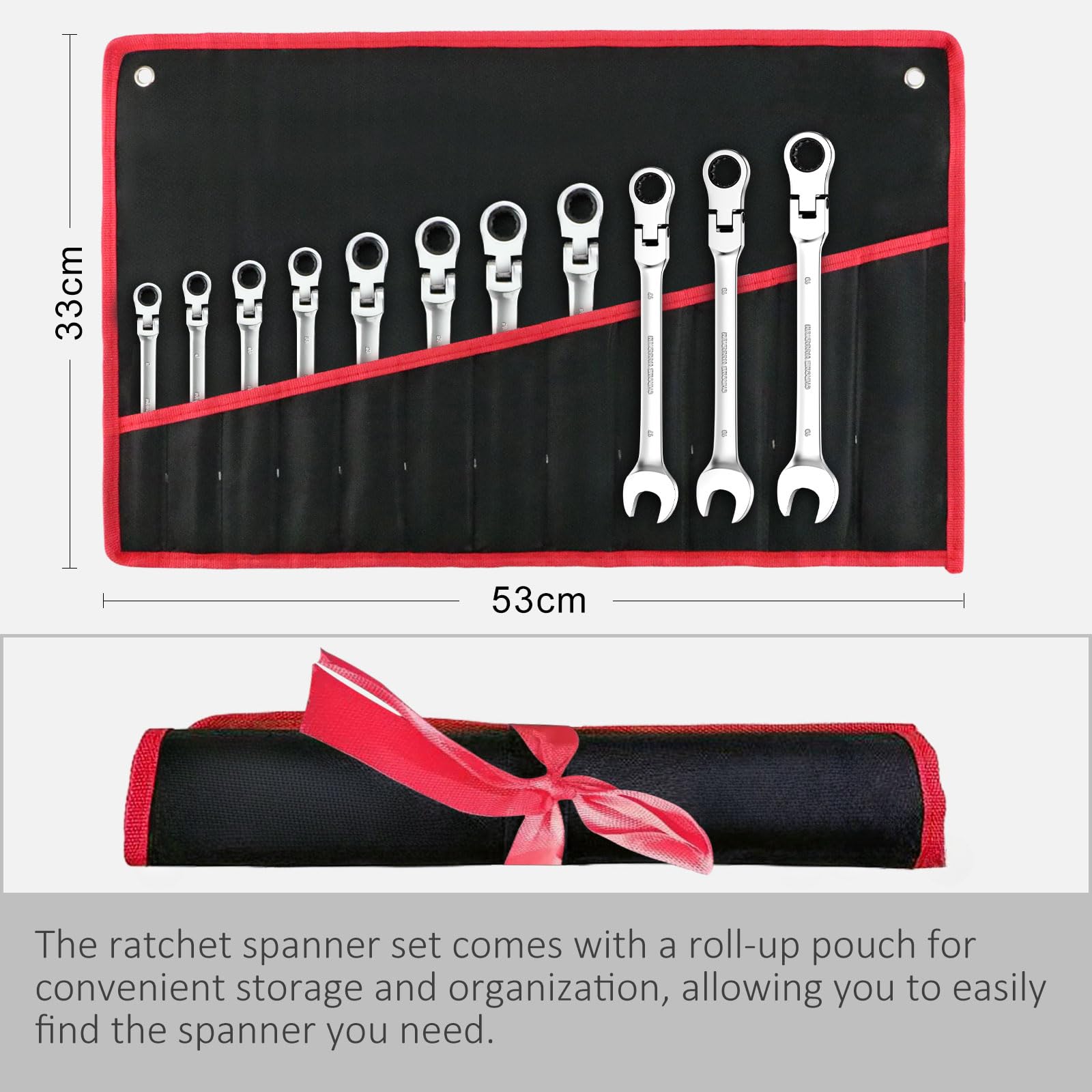 Anesty Lot de 11 clés mixtes à cliquet à tête flexible 72 dents métriques 8-19 mm en acier au chrome vanadium avec pochette de rangement, pour réparation de voiture, entretien industriel