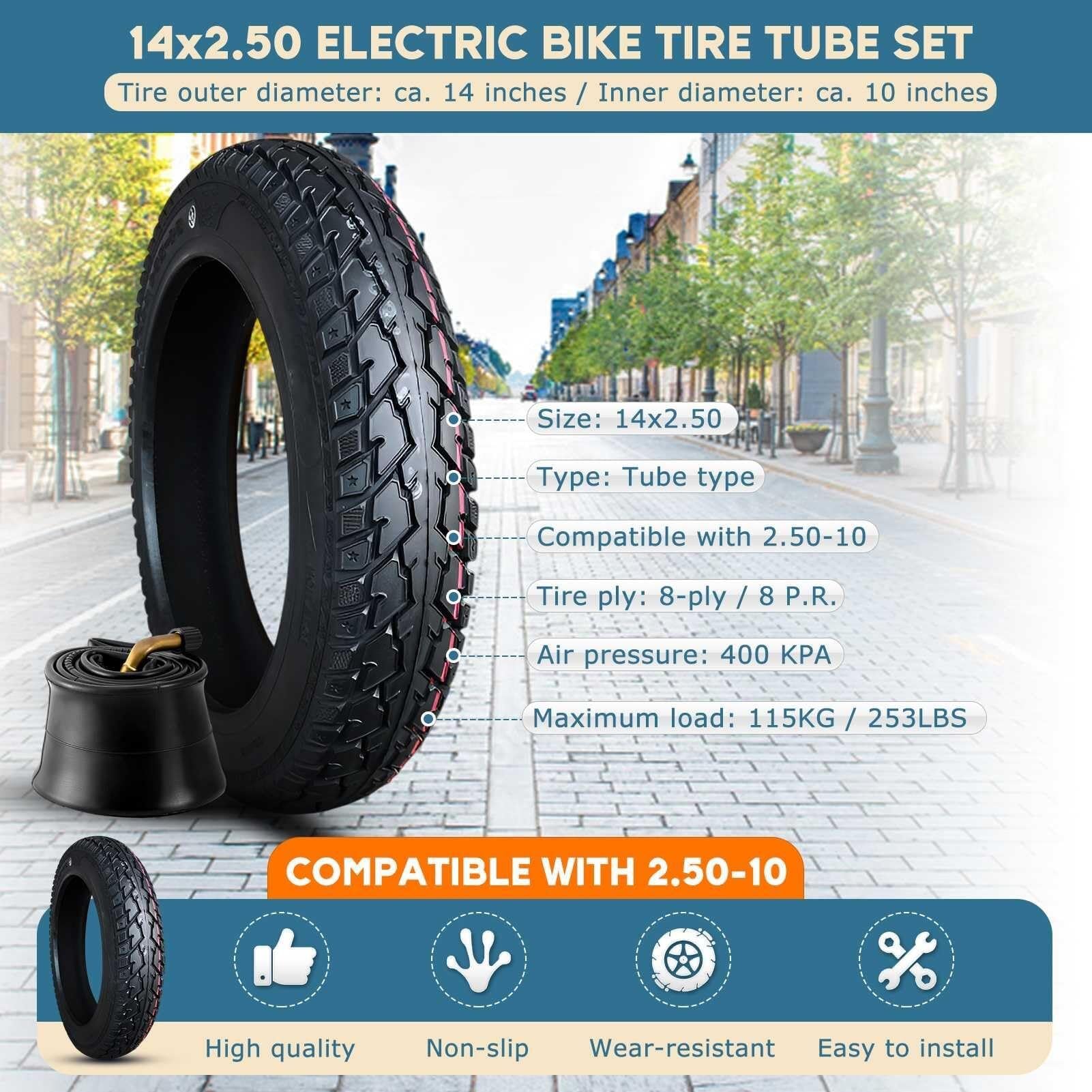 14x2,50 Opona do Roweru Elektrycznego i Zestaw Dętek z Zagiętym Wentylem do Roweru Elektrycznego Kompatybilne z 2,50-10 I 60/100-10, 8-poziomowa Konstrukcja