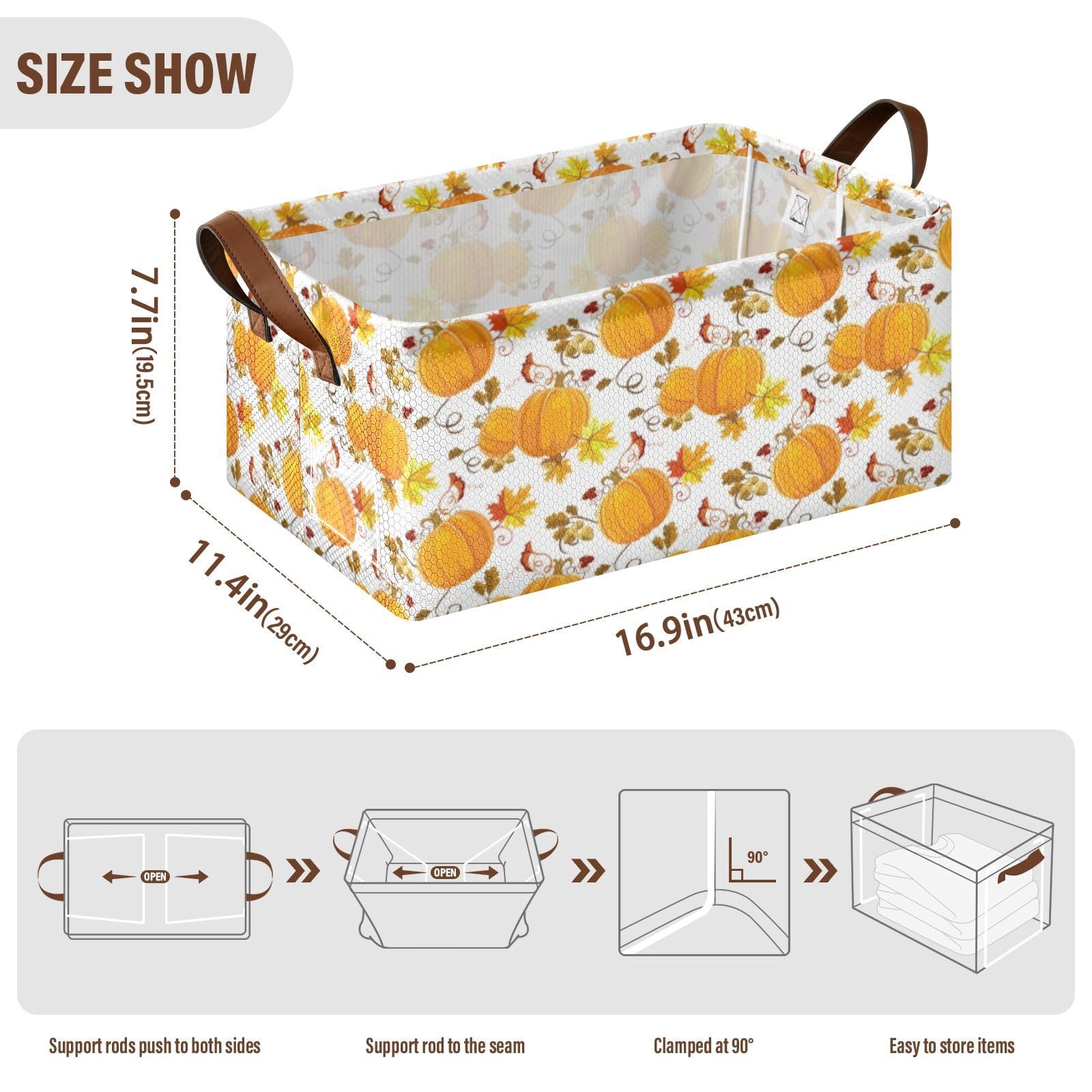 Fygkptb Seamless Orange Floral Autumn Pumpkins with Maple Oak Tree Leaves 1 PC Rectangle Foldable Frame Basket Leather Handles Storage Bin for Laundry Bathroom Organizer 16.9 x 11.4 x 7.7 inch
