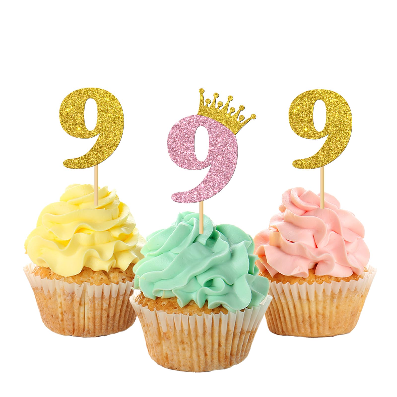 9th Birthday Cupcake Toppers/Children Girls 9th Birthday Cupcake Toppers/Crown Nine Years Old/Kids Bday Party Decorations Number 9 / Glitter - 24 Pcs