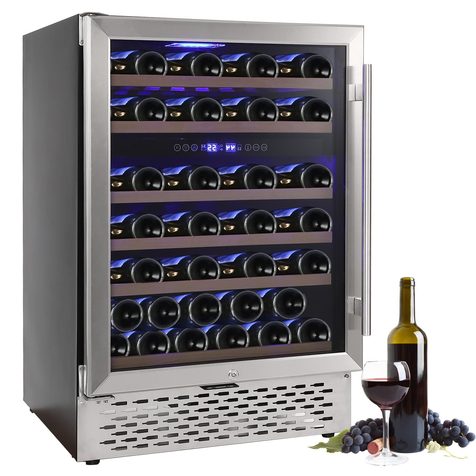 Aprafie 51 Bottle Wine Cooler Refrigerator, Dual Zone Built-in Freestanding Refrigerator with Seamless Stainless Steel and Triple Layer Tempered Reversible Glass Doors
