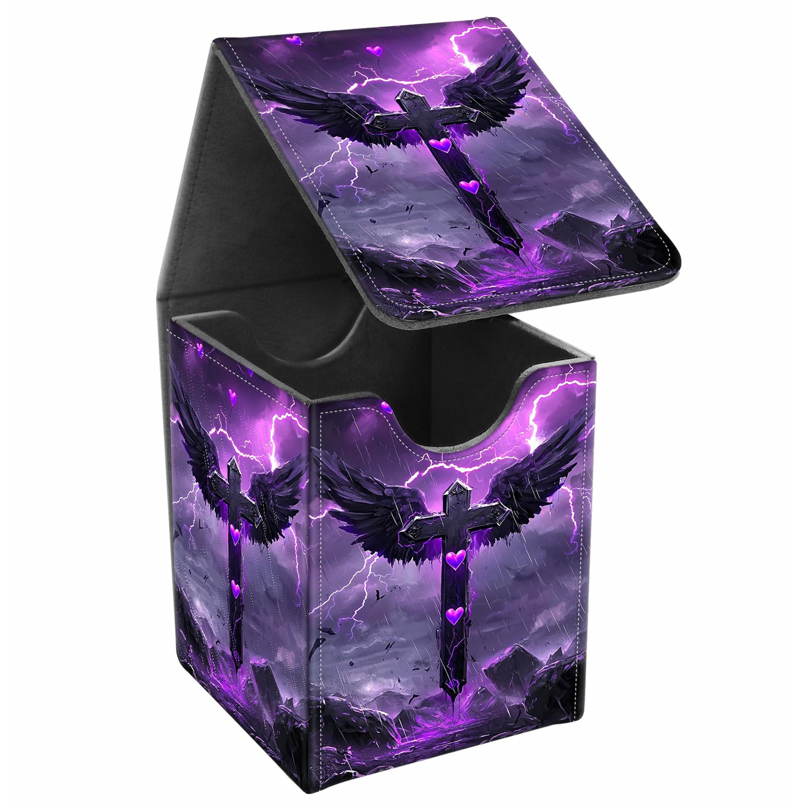 JANENFNA Card Deck Box, Card Storage Box Fits 100+ Single Sleeved Cards, Large Capacity PU Leather Card Storage Box with Strong Magnet for Magic Commander TCG/CCG, Purple Cross With Black Wings