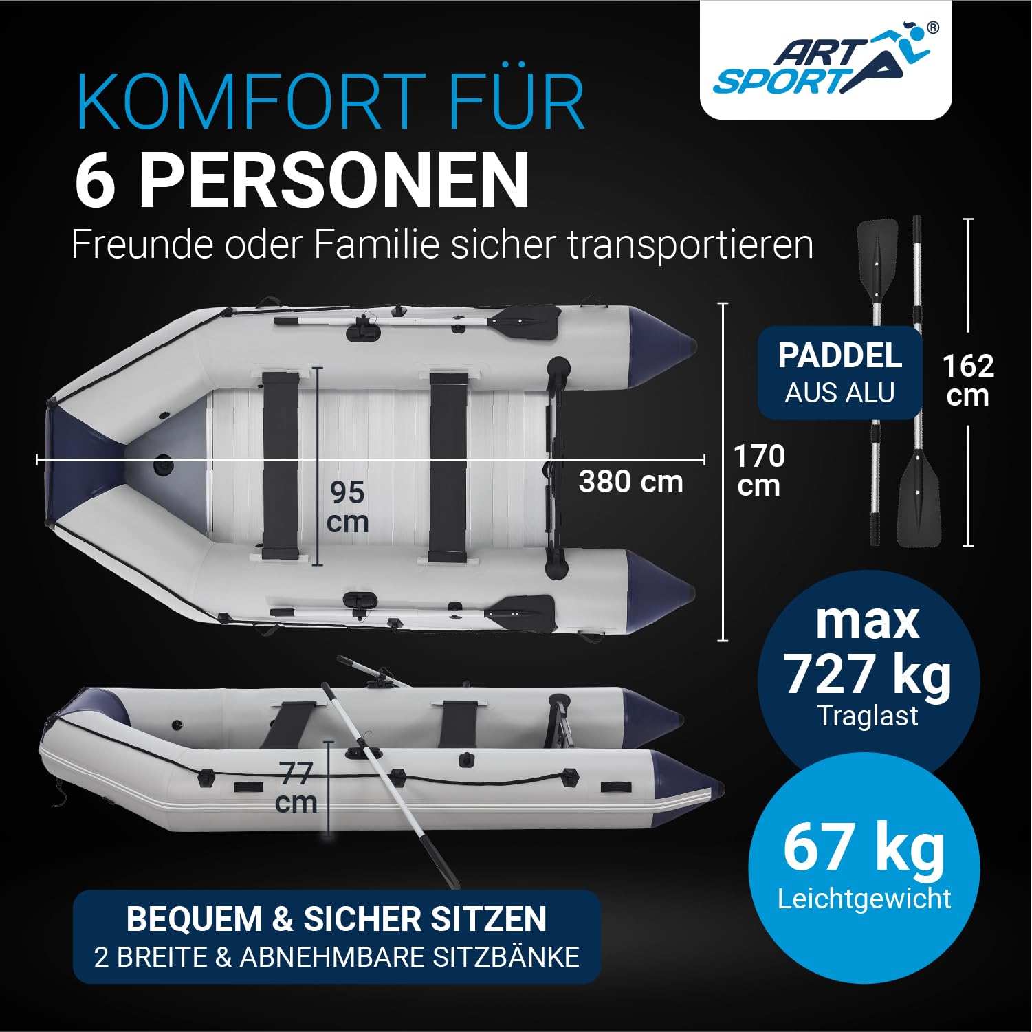 ArtSport Schlauchboot 3,80 m für 6 Personen mit 2 Sitzbänke & Aluboden - Paddelboot mit Paddel, Pumpe, Tasche & Reparaturset - Angelboot aufblasbar