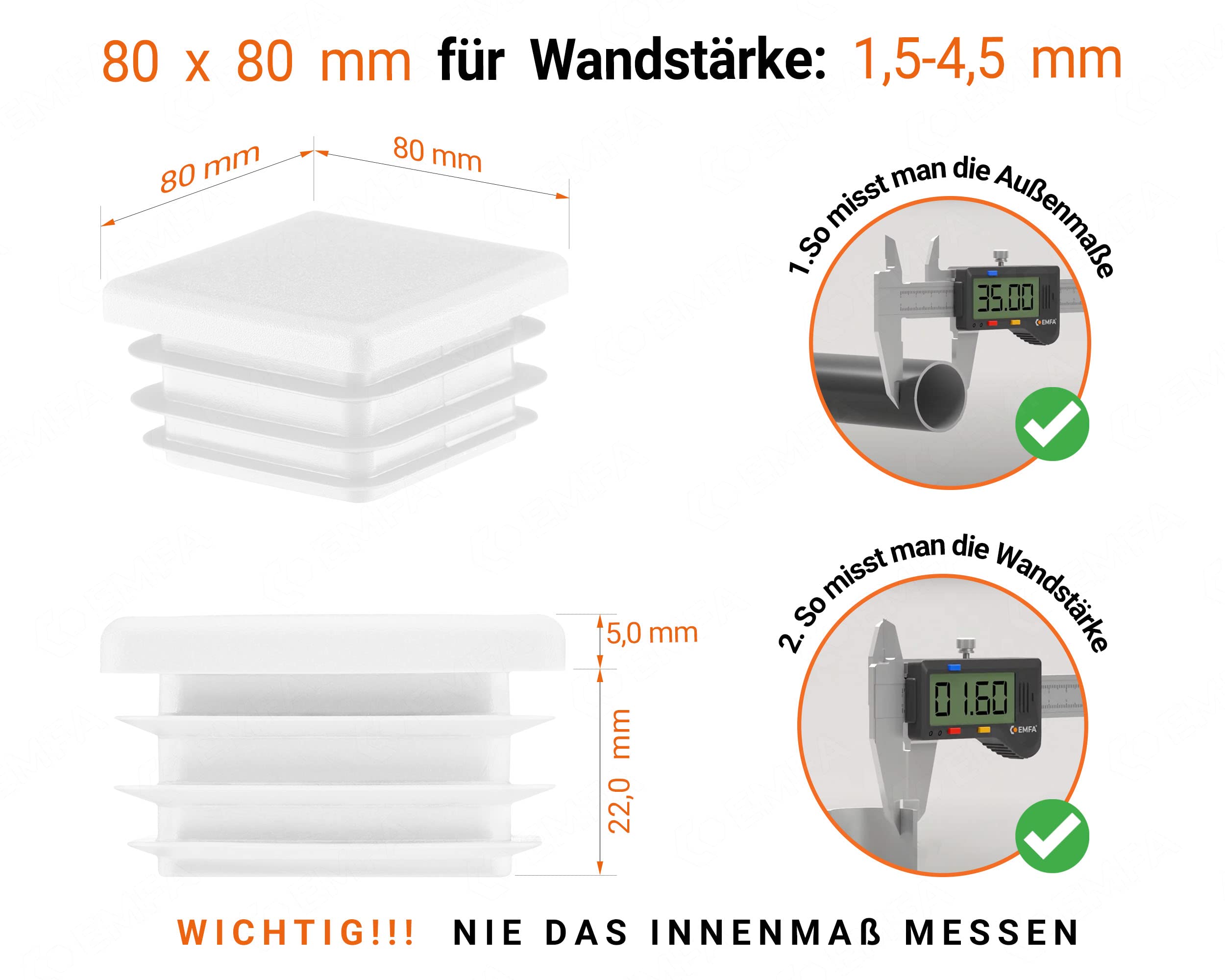 EMFA Tapón para Tubo Cuadrado 80x80 mm, Blanco, 100 Piezas | Tapón Cuadrado, Terminal para Tubo, Polietileno PE, Tapón con Láminas