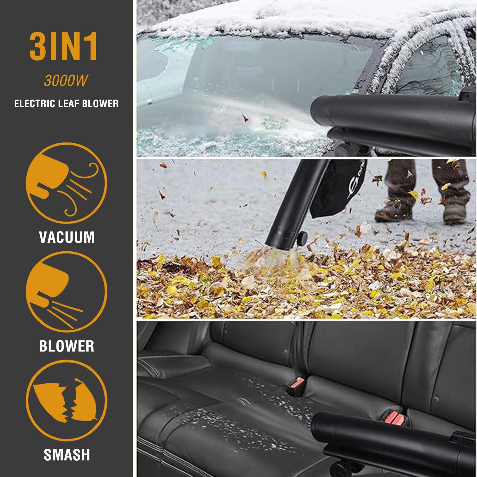 Soffiatore Foglie Aspiratore Trituratore Elettrico 3in1(Aspirazione/Soffiaggio, Potenza asp. 12m³/min, Trinciatura, Rapporto Triturazione 10:1, Vel. Soffiagg. 270 km/h, Sacco di Raccolta 40L)