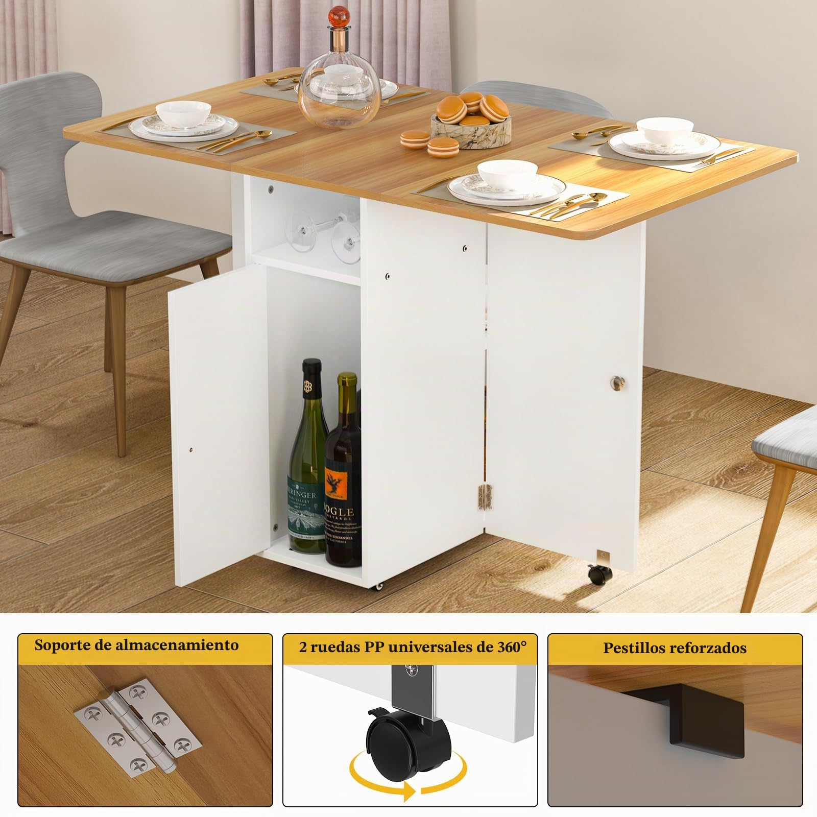 Mesa de Comedor y Cocina Plegable con Ruedas y Compartimento de Almacenamiento 110 * 70 * 78 cm Naranja-Blanco