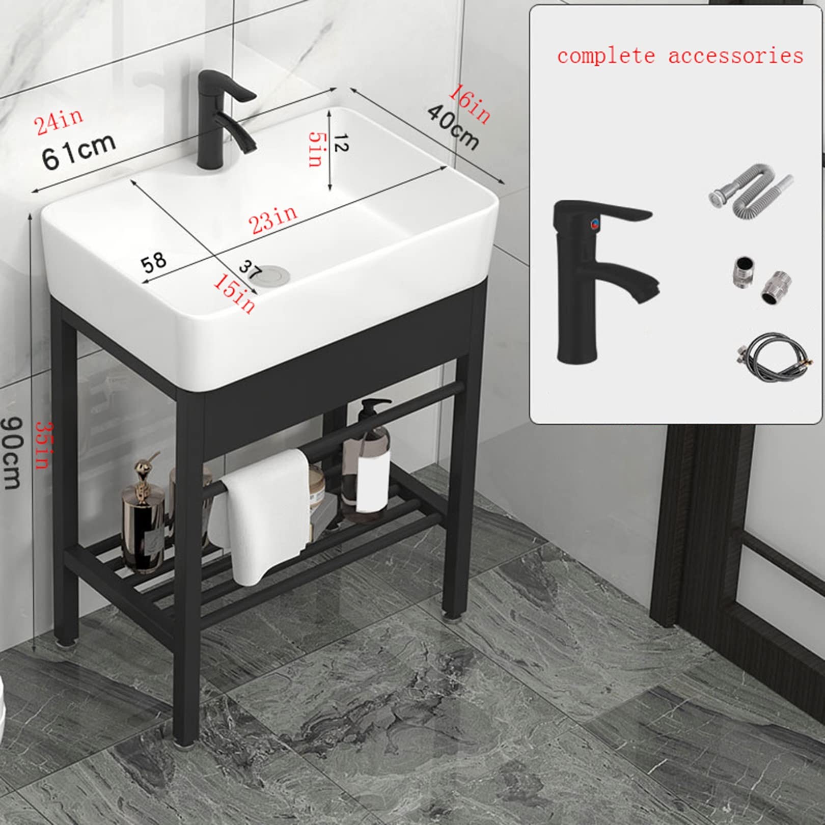 Lavabo de baño familiar exquisito de cerámica blanca para la familia, exquisito lavabo con pedestal independiente, lavadero familiar, exquisito fregadero de porcelana, blanco, 61 x 40 cm