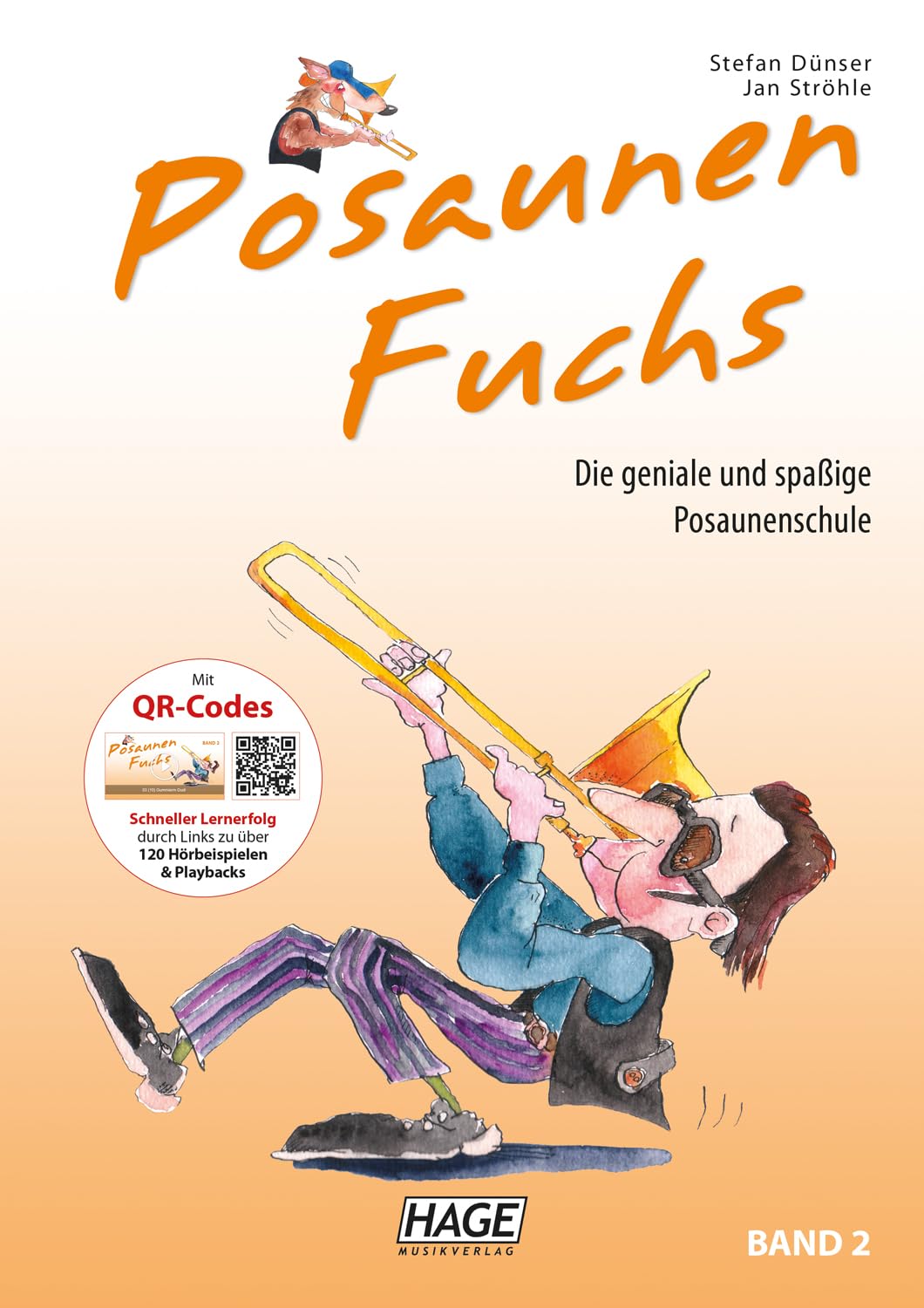 Posaunenfuchs Band 1 + Band 2 | mi QR-Codes | Hage Musikverlag | Stefan Dünser/Jan Ströhle | Posaunen Fuchs EH3811 + EH3812 | ISBN 9783866260818 + 9783866260825 | Soundman Poliertuch