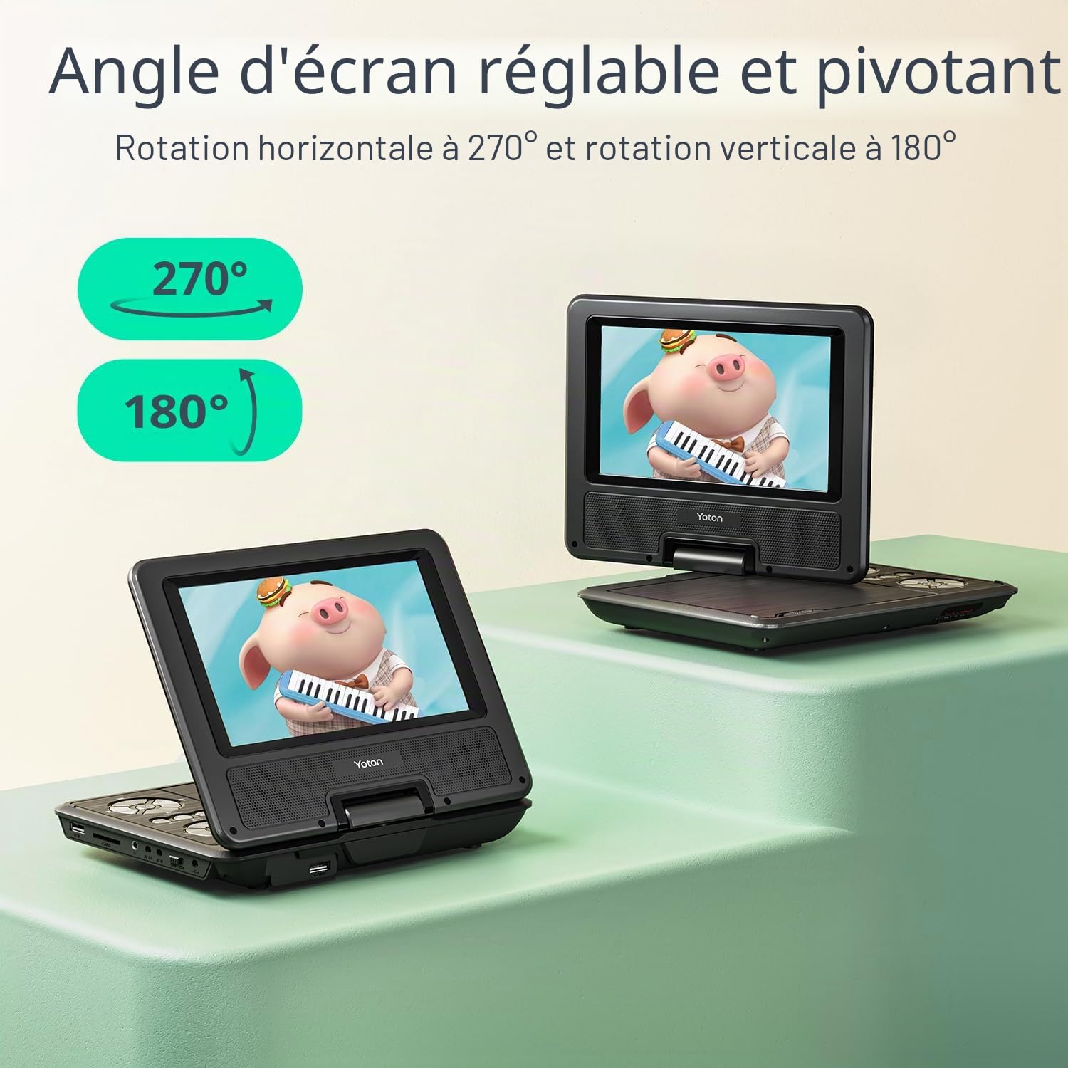 Yoton Lecteur DVD Portable Voiture 9,5" Écran Pivotant HD 7,5" Batterie Rechargeable 4-6h USB/SD/Synchro TV Haut-parleurs Stéréo