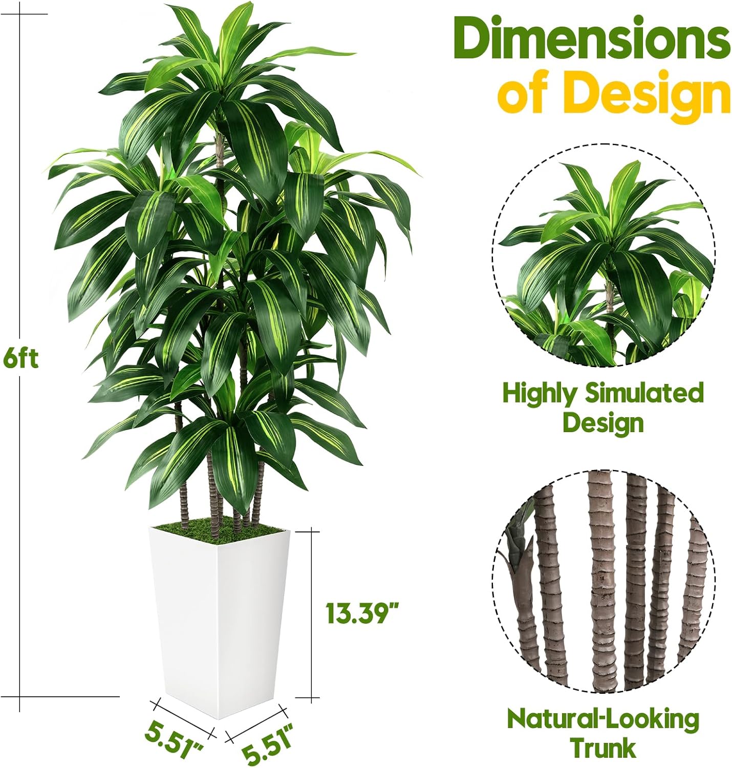 Artificial Dracaena Tree Indoor, 6FT Tall Fake Tree with White Tall Planter, Artificial Trees Fake Yucca Potted Tree for Home Office Living Room Decor, Tall Artificial Plant for Housewarming - Image 4