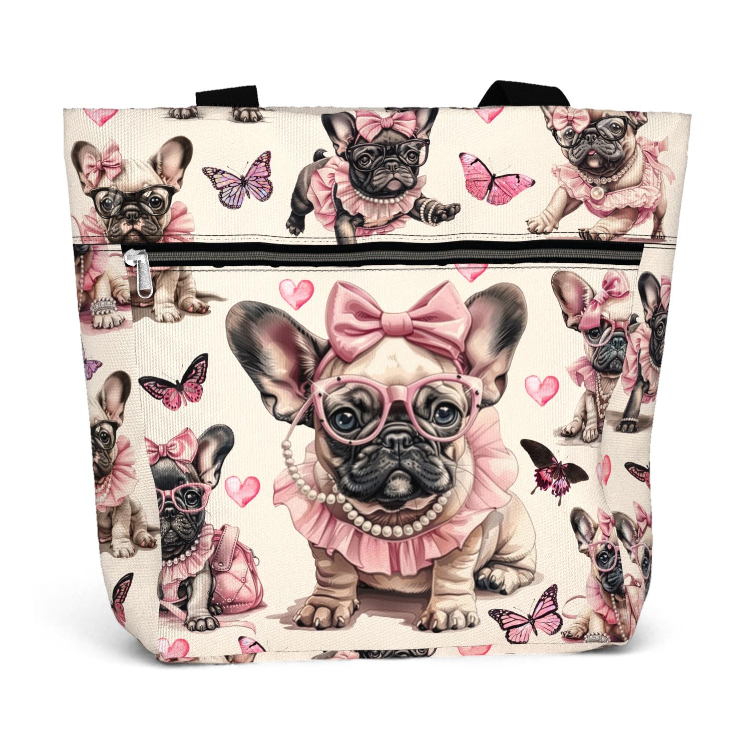 84hoods Large Waterproof Tote Bag for Work with Pockets and Zipper for Women. Gift for French Bulldog Lover, Frenchie Owner.