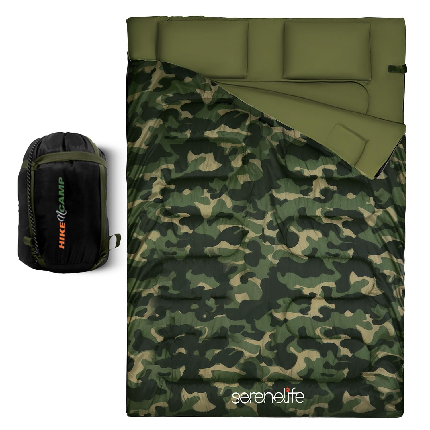SereneLife Double Sleeping Bag with Pillows, Waterproof & Detachable for 2 Single Bags, Lightweight & Warm, Perfect for Camping, Hiking, Backpacking, and Cold Weather, Suitable for Temperatures 5-10°F