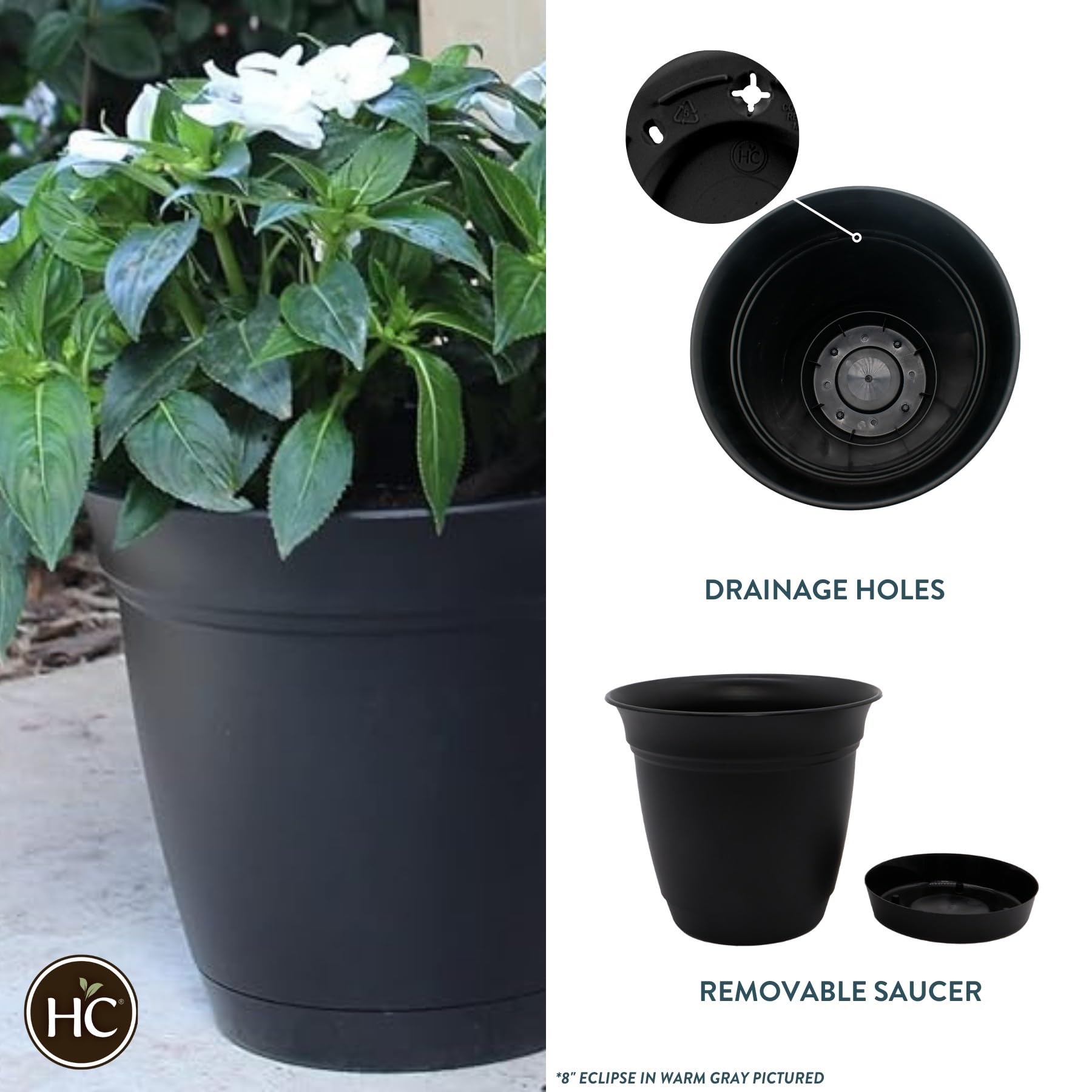 The HC Companies Eclipse Round Planter with Saucer - Outdoor & Indoor Plant Pot with Drainage Holes - Lightweight, UV-Resistant Plastic Pots for Plants, Flowers & Herbs (20