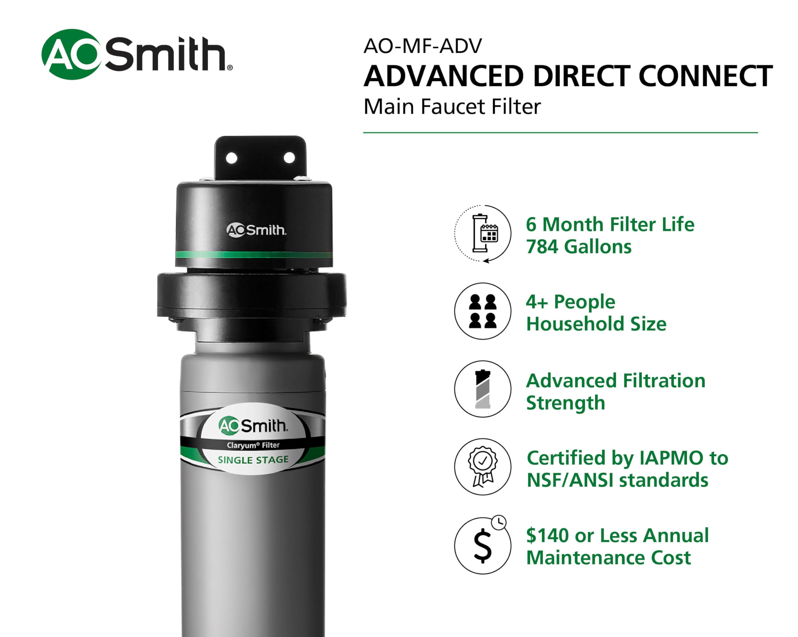 AO Smith Système de filtre à eau sous évier – Filtration avancée de l'eau propre du robinet principal à connexion directe – Certifié NSF – La filtration Claryum réduit 99% des 77 contaminants nocifs