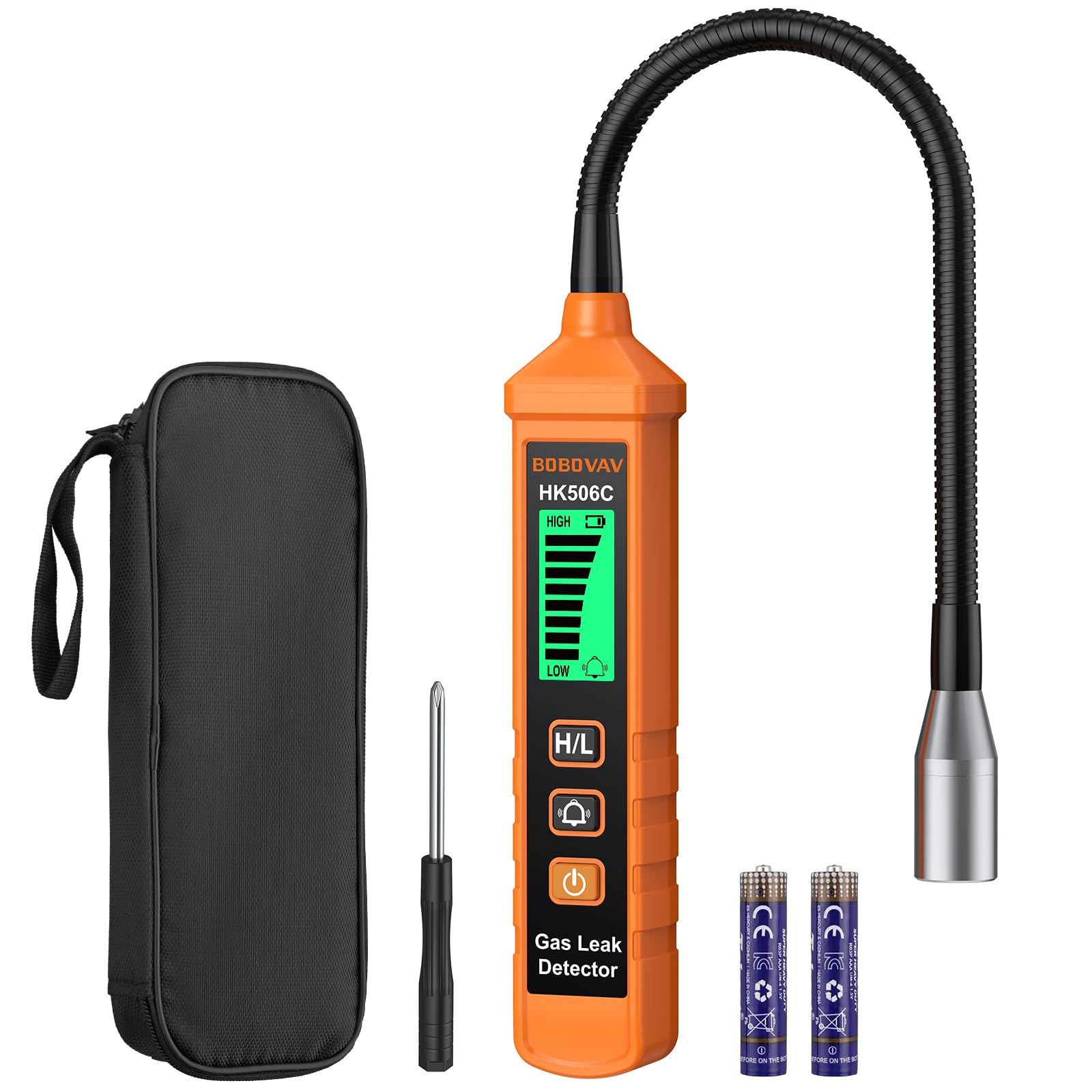 Detector de Gas Universal con Sonda 360° de 20cm, Doble Sensibilidad (300-10000ppm), Alarma Visual LED y Sonora (65dB), Modo Silencio, Tiempo de Precalentamiento 30s
