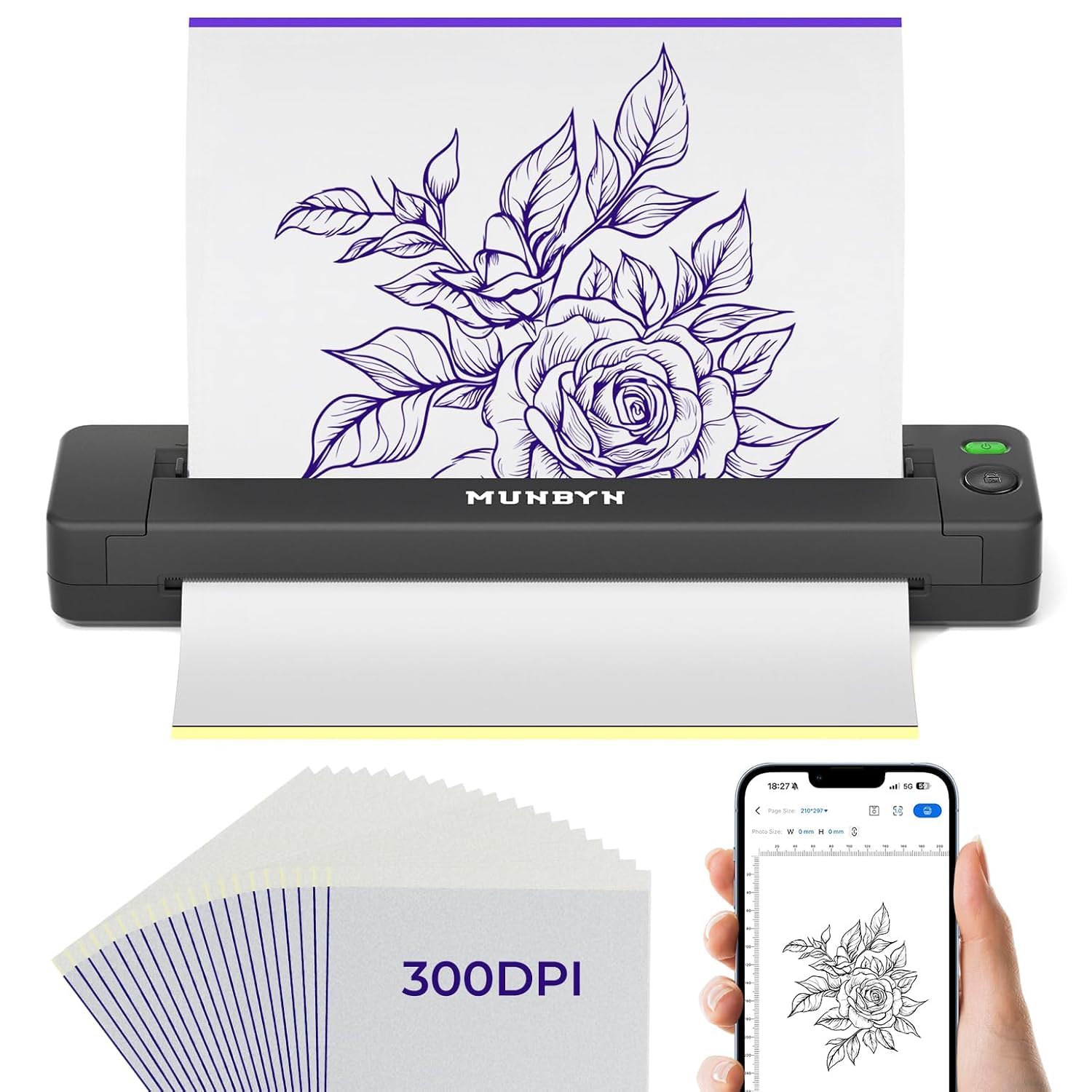 MUNBYN Tattoo Drucker Bluetooth, Stencil Drucker Tattoo Printer, Haut Tattoodrucker Thermodrucker für Anfänger, für Android iOS Mac Windows, mit 20 Blatt Transferpapier, ITP06, Schwarz