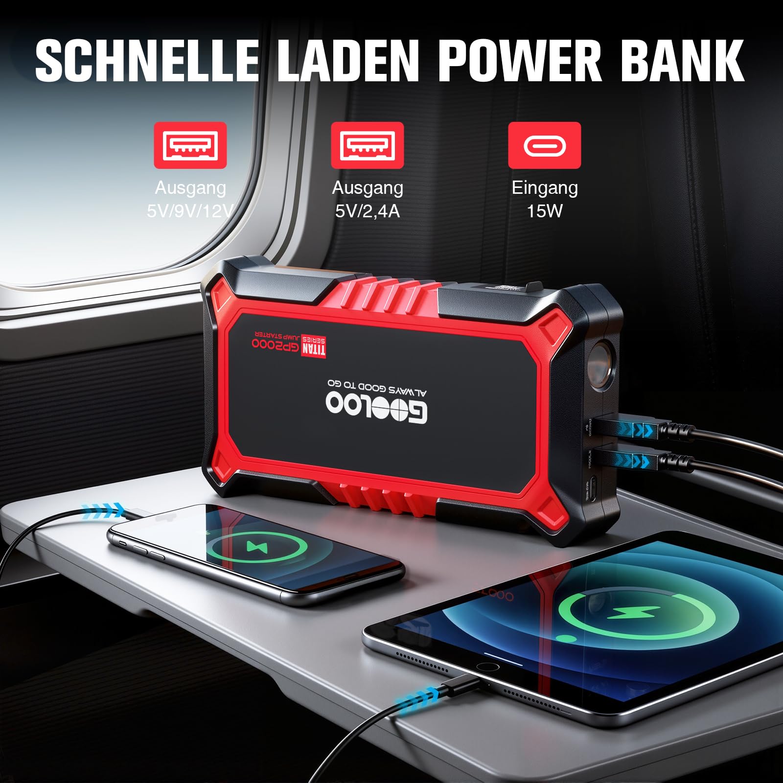 GOOLOO GP2000 Starthilfe Powerbank für Pkw, 2000A Supersafe Auto Starthilfe Powerbank für 12V (Bis zu 8.0L Benzin & 6.0L Diesel), Booster Autobatterie mit USB-Schnellladung, Starthilfekabel und LED
