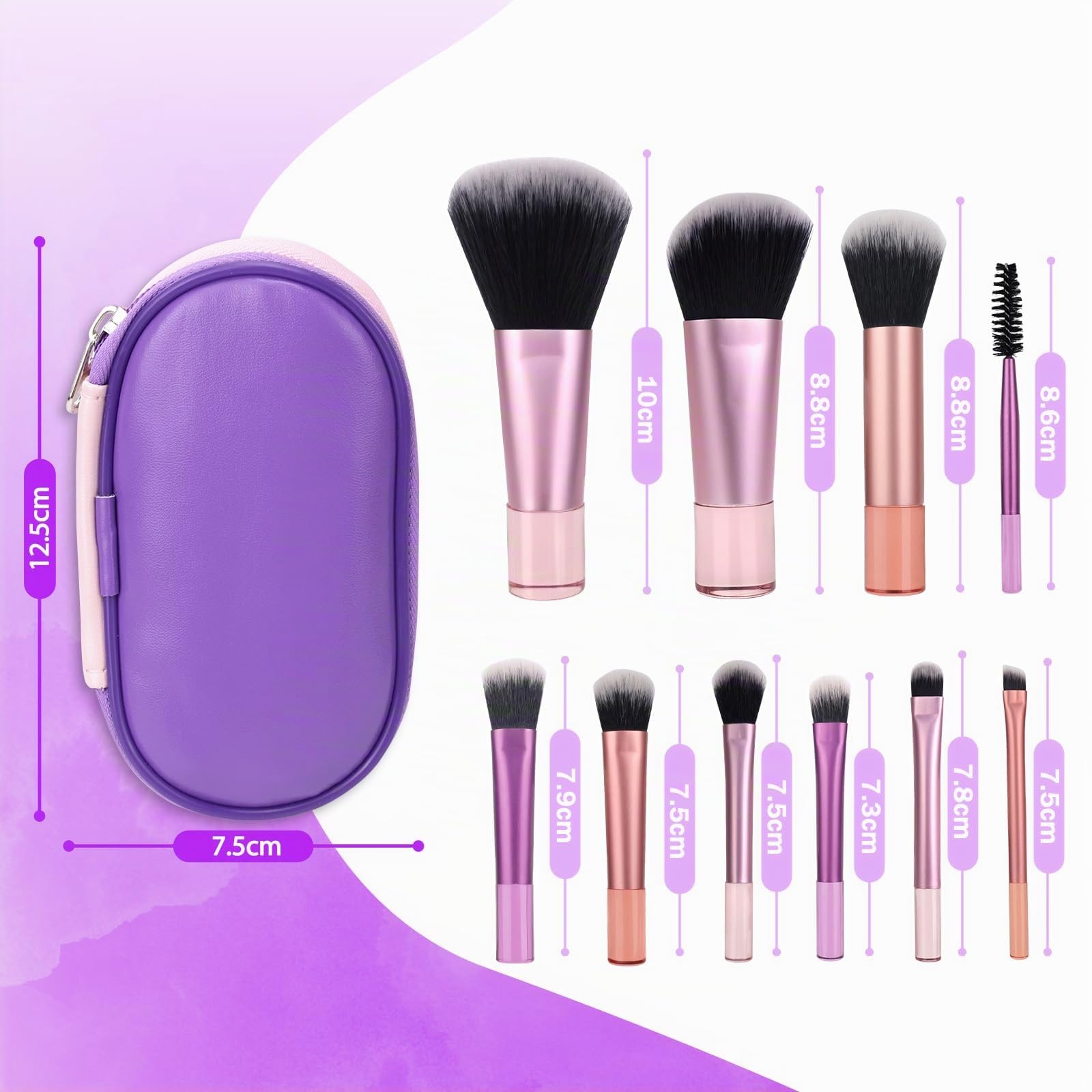 Mini Set di Pennelli per il Trucco, Set di Pennelli per il Trucco da 10 Pezzi da Viaggio con Borsa in Pu, Set di Pennelli per Cosmetici Portatile per Viaggi d'Affari, Vacanze, Campeggio (Rosa e Viola)
