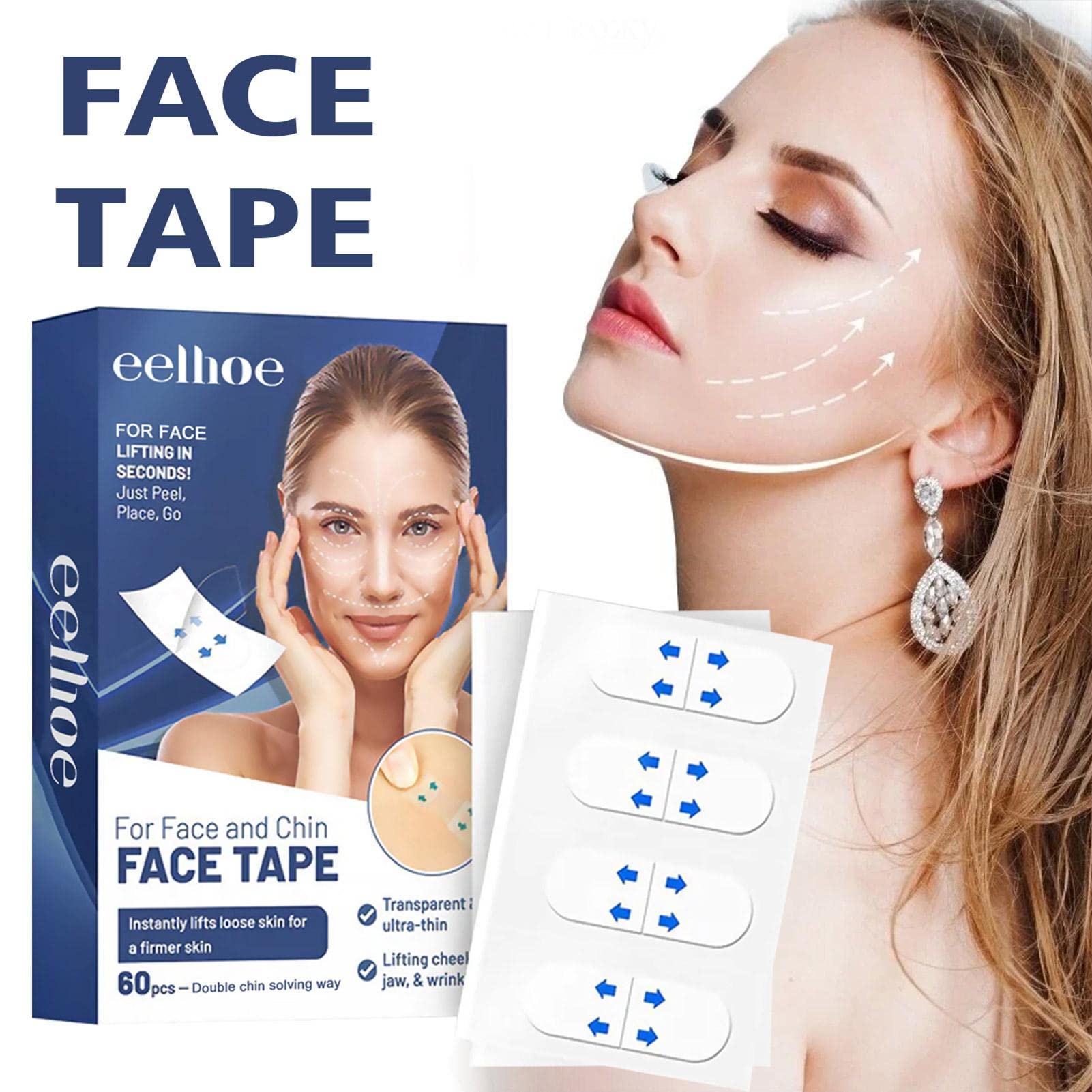 estiramiento facial invisible | Cinta facial antiarrugas | 60 unidades arrugas, cuello, mentón doble, mejillas, parches secretos maquillaje Lingjiong