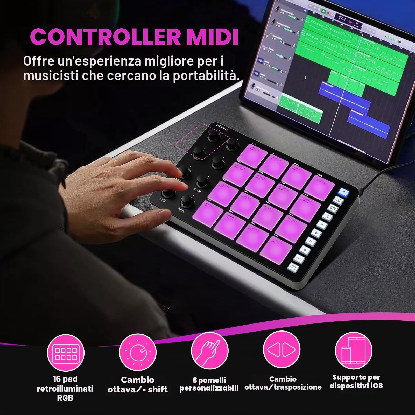 Controller Midi Pad, UTIMO SMC-Pad Drum Pad Mbeat acchina 16 Drum Tasti Retroilluminazione RGB Pad Tastiera Musica Elettronica Bassa Latenza Connessione Bluetooth Batteria Integrata Nero