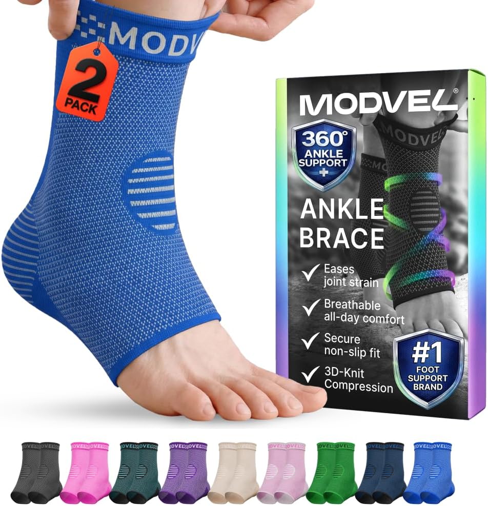 Modvel Nylon 2 Pack Ankle Brace Compression Sleeve|Injury Recovery, Joint Pain|Fsa Or Hsa Eligible|Achilles Tendon Support, Plantar Fasciitis Foot Socks With Arch Support