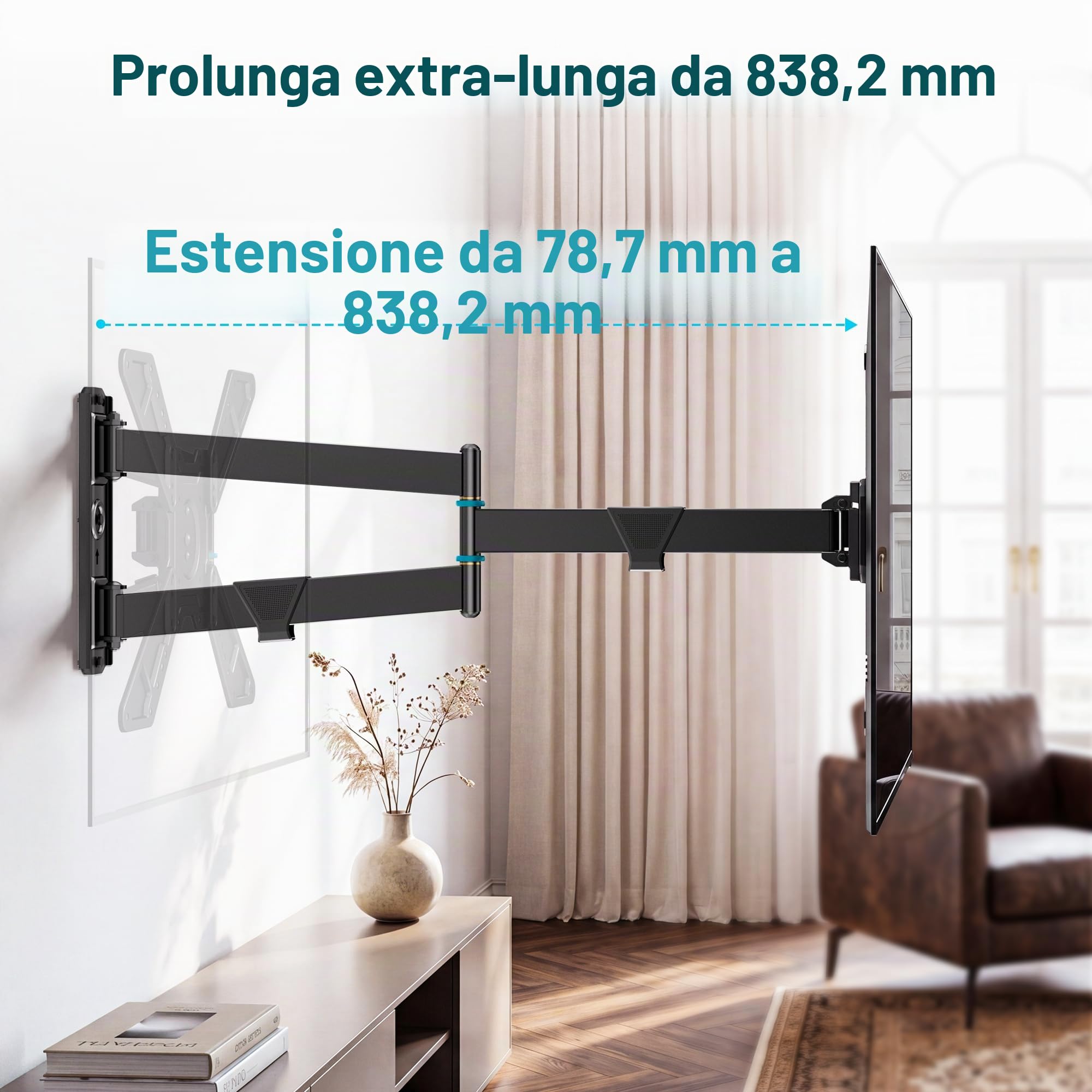 BONTEC Supporto TV da Parete per TV 32-75", Rotazione 90° e Braccio 838 mm | Portata 50 kg, VESA max 600x400 mm, staffa girevole e inclinabile, passa da orizzontale a verticale