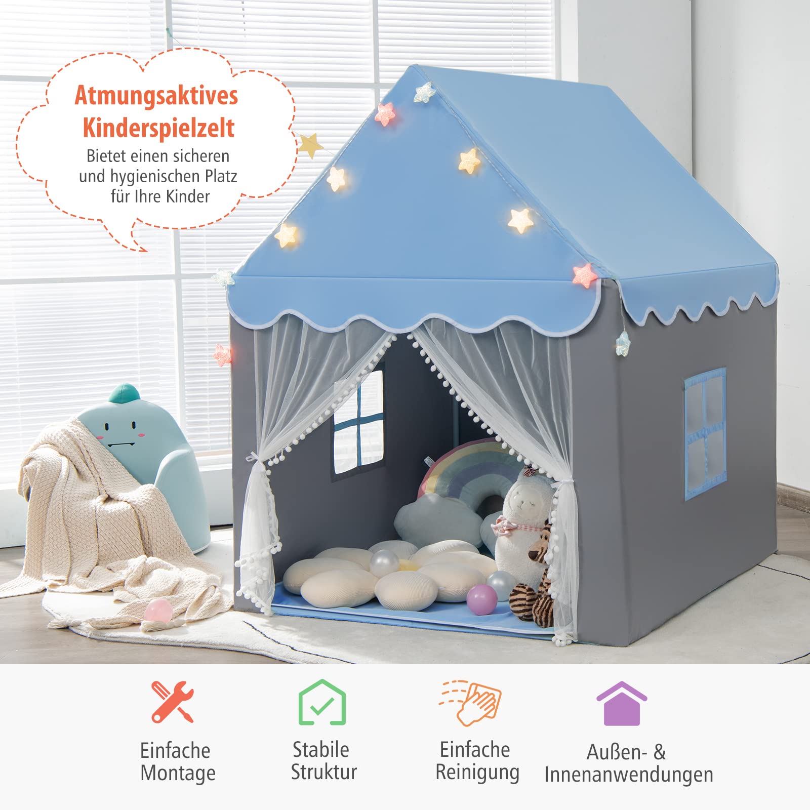 DREAMADE Kinderspielzelt Spielzelt für Kinder mit gepolsterter Decke und Lichterkette, Kinder Spielhaus mit Netzvorhang und Fenstern, Kinderzelt für Jungs & Mädchen, für Indoor und Outdoor (Blau)