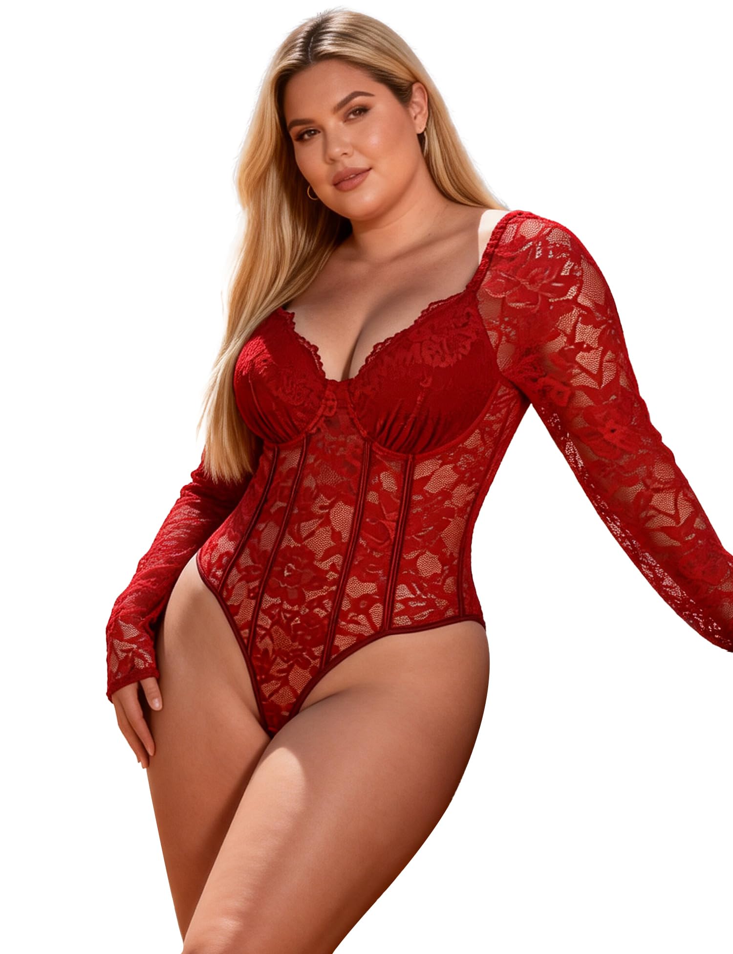 ohmydear Body en Dentelle Femme Manches Longues avec Armatures et Doublure Poitrine - Body Sexy Col V ou Col Carré Ajustable - Bodysuit Transparent Chic pour Soirée Clubwear XS-2XL