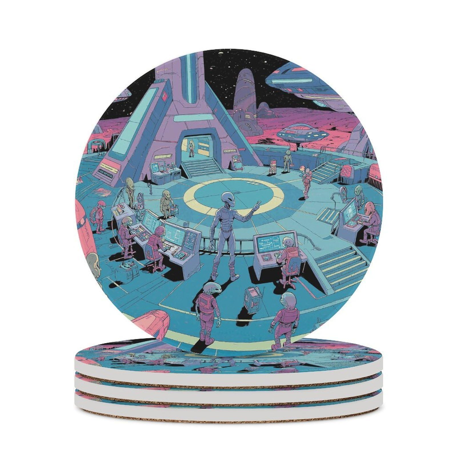 Alien Base Coaster with Cork Base Drink Coasters for Coffee Table Decor Modern Cup Coasters with Non-Slip & Heat-Resistant Cute Ceramic Table Coaster for Home Dining