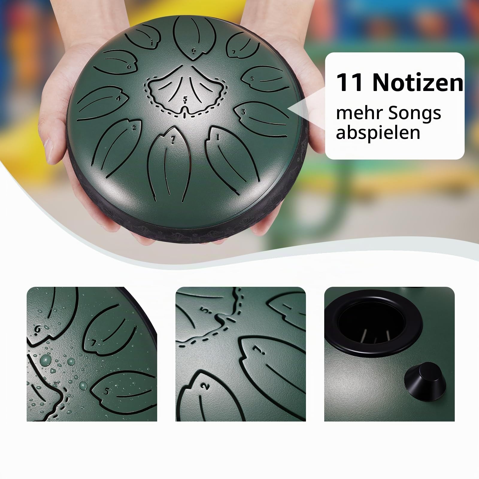 LEKATO 6 Zoll Zungentrommel, 11 Töne in C-Tonart Steel Tongue Drum mit Songbuch, Tragetasche, Trommelschlägeln, Mini-Handpan-Trommel-Percussion für Meditation, Geistheilung, Grün