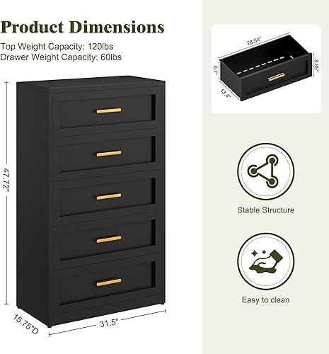 Miniatura 2 de Cómoda de metal negra de 5 cajones para dormitorio, cómoda alta blanca y dorada para armario, cómoda de metal, cómoda y cómoda para sala de estar,