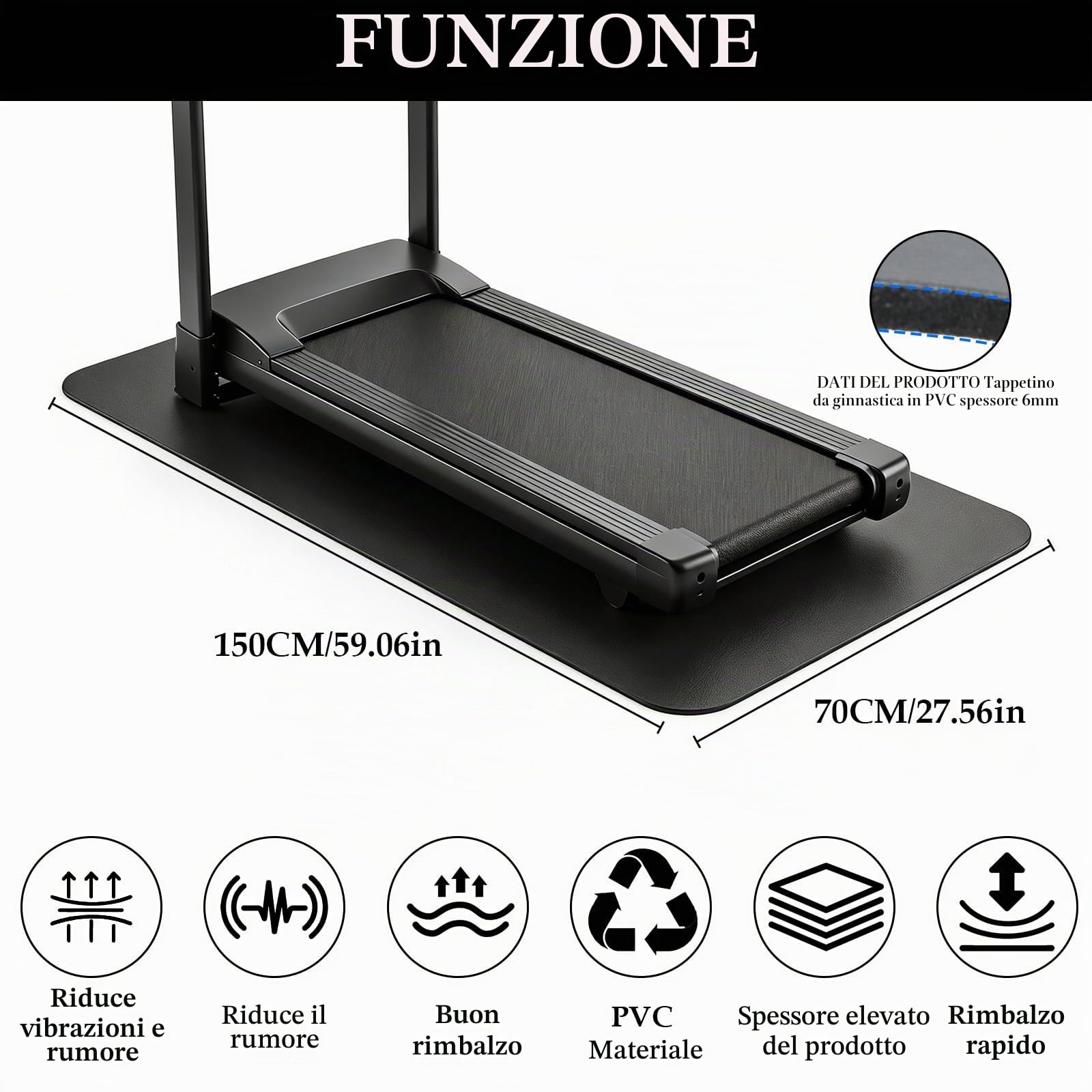Tappetino per Tapis Roulant,Tappetino Rulli Bici in PVC Spesso 6mm,per Attrezzi per Esercizi,per Roulant,da Passeggio,Panca per Pesi,Cross Trainer,Cyclette