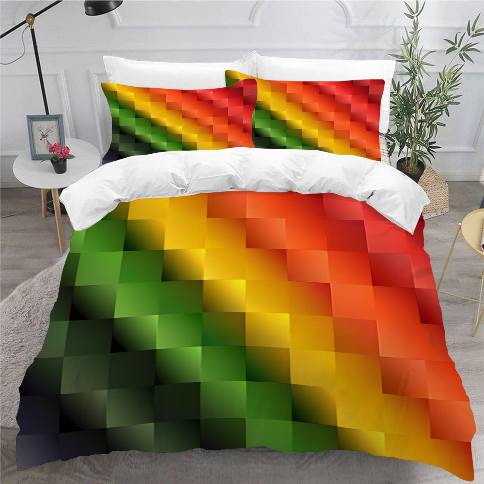 Parure de lit 2 personnes 240x260 cm échiquier 3D arc-en-ciel en microfibre