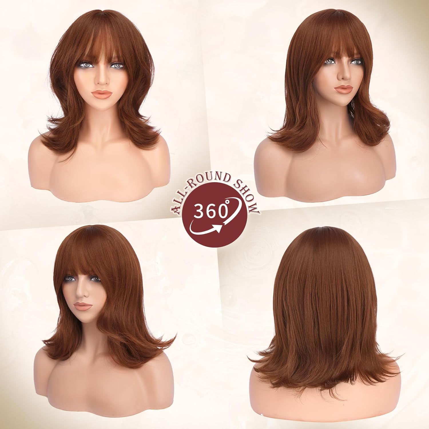 FESHFEN Shoulder Length Bob Wigs with Bangs for Women - Auburn Natural Layered Wavy Synthetic Wig For Daily Party Costume Use 14 Inch