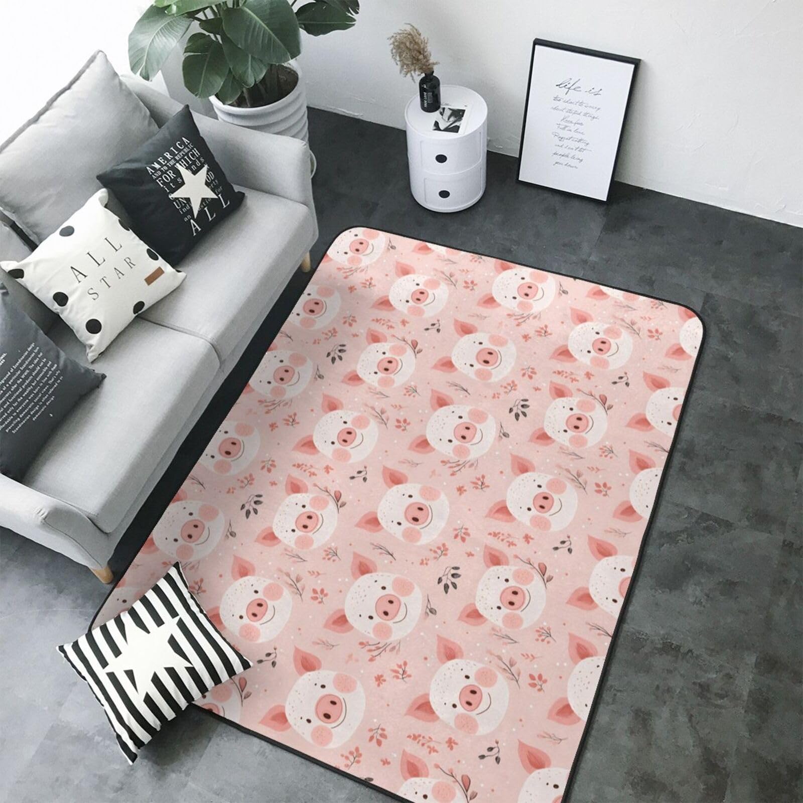 Tapis antidérapant salon grand format 147x203 tapis doux lavable chambre motif cochon rose