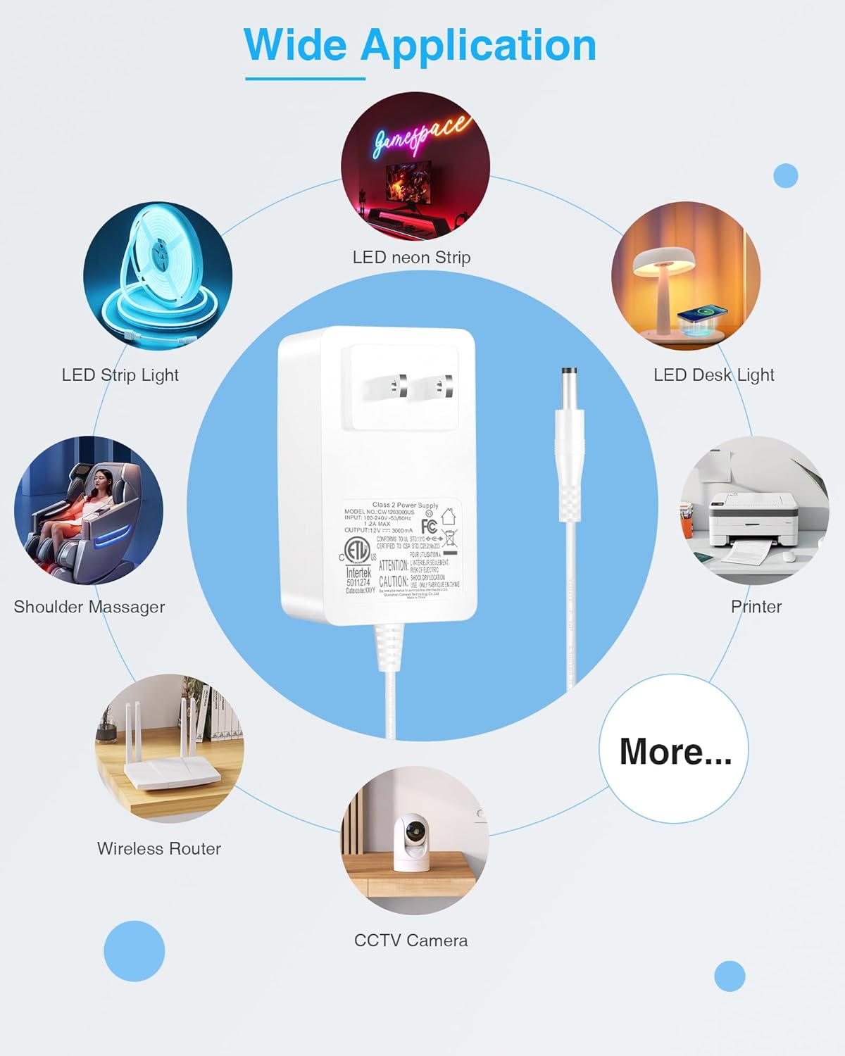TORKASE 12V 3A Power Supply Adapter, 36W Class 2 Power Supply, ETL Listed DC 12 Volt AC Adapter with 8 Replaceable Tips, Cord Charger for LED Strip Lights, CCTV Camera, Router, Speaker, Monitor 2Pack - Image 6