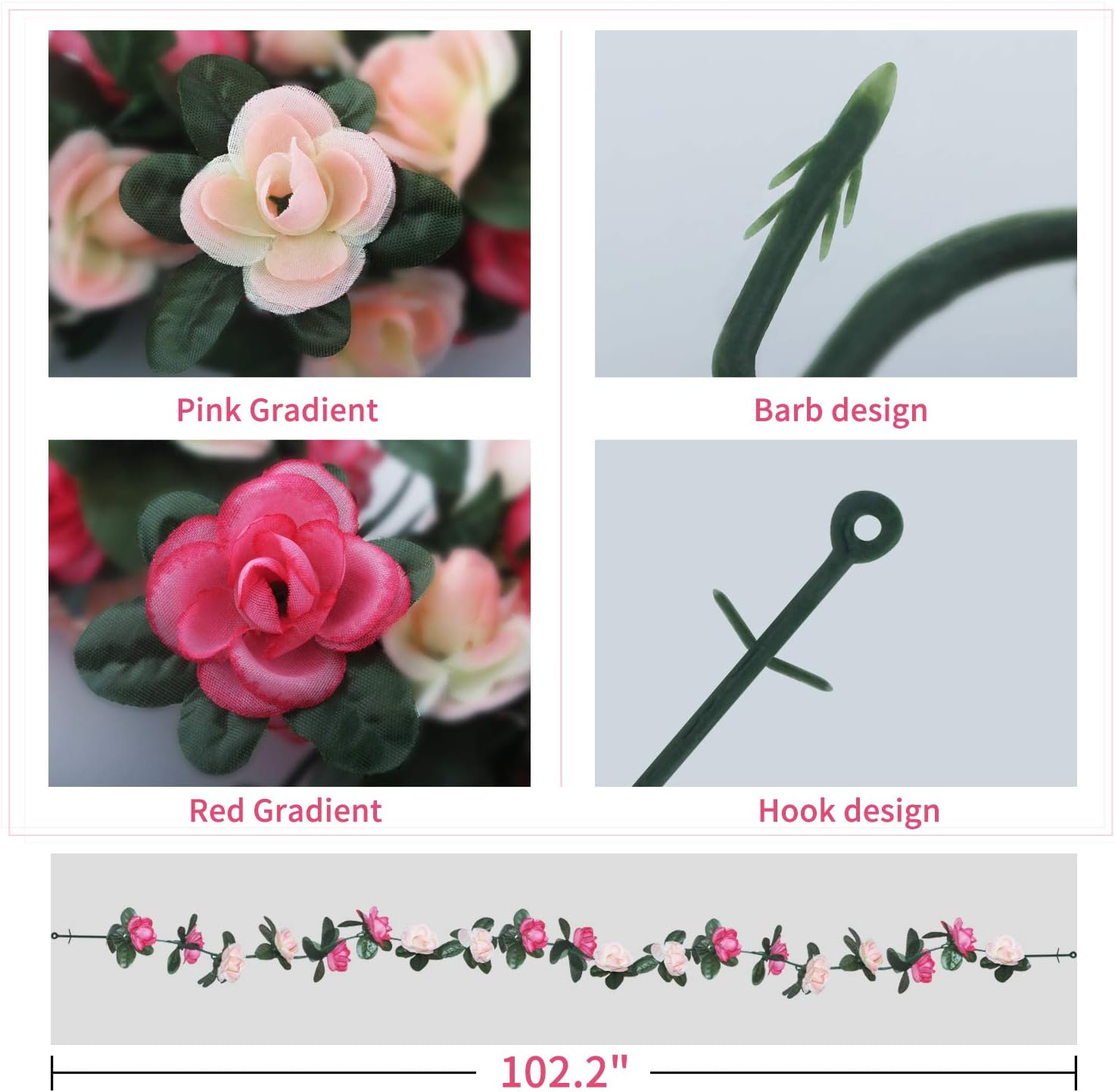 6pcs 49 FT Rose Vine Flowers Garland Plants- BSTC Artificial Fake Rose Vine Flowers Ivy Garlands Hanging Rose Ivy for Wedding Party Garden Wall Decoration Silk Flowers, Pink