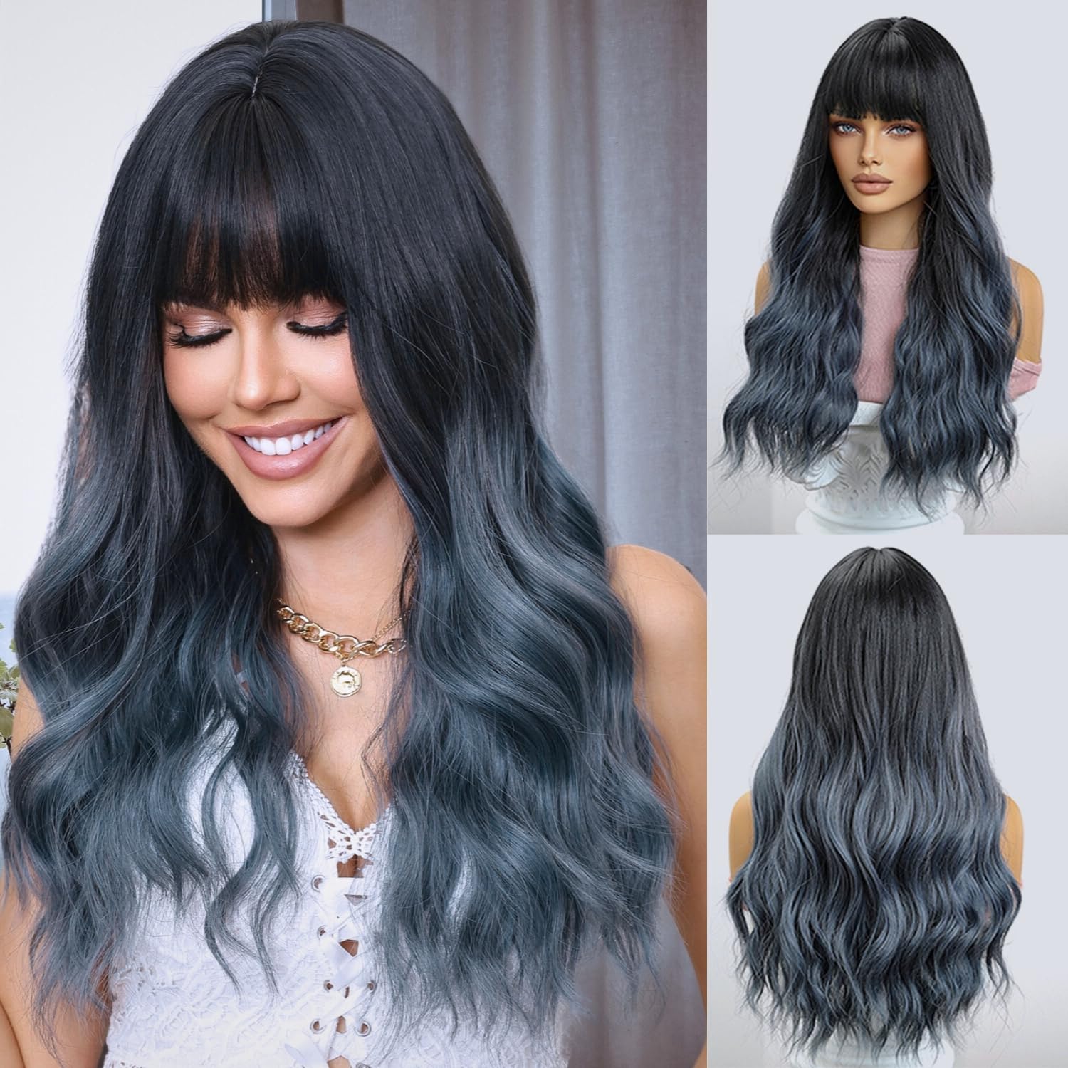 Haoland Blue Wig 26 Inch Long Wavy Wigs for Women, Black Gradient Blue Synthetic Hair Wavy Wig With Bang, Natural Hair Wig for Daily Party Cosplay