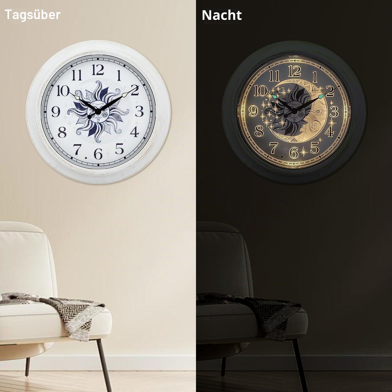 OCEST Outdoor-Uhr Garten Groß - Wetterfeste Wanduhr mit Thermometer, Wasserdicht, Geräuschlos, Batteriebetrieben, Dekouhr für Terrasse, Balkon, Pool & Patio | Batteriebetrieben, Sonnen- und Mond-Zifferblatt, wetterbeständig, Terrasse, Garten, Pool und Woh
