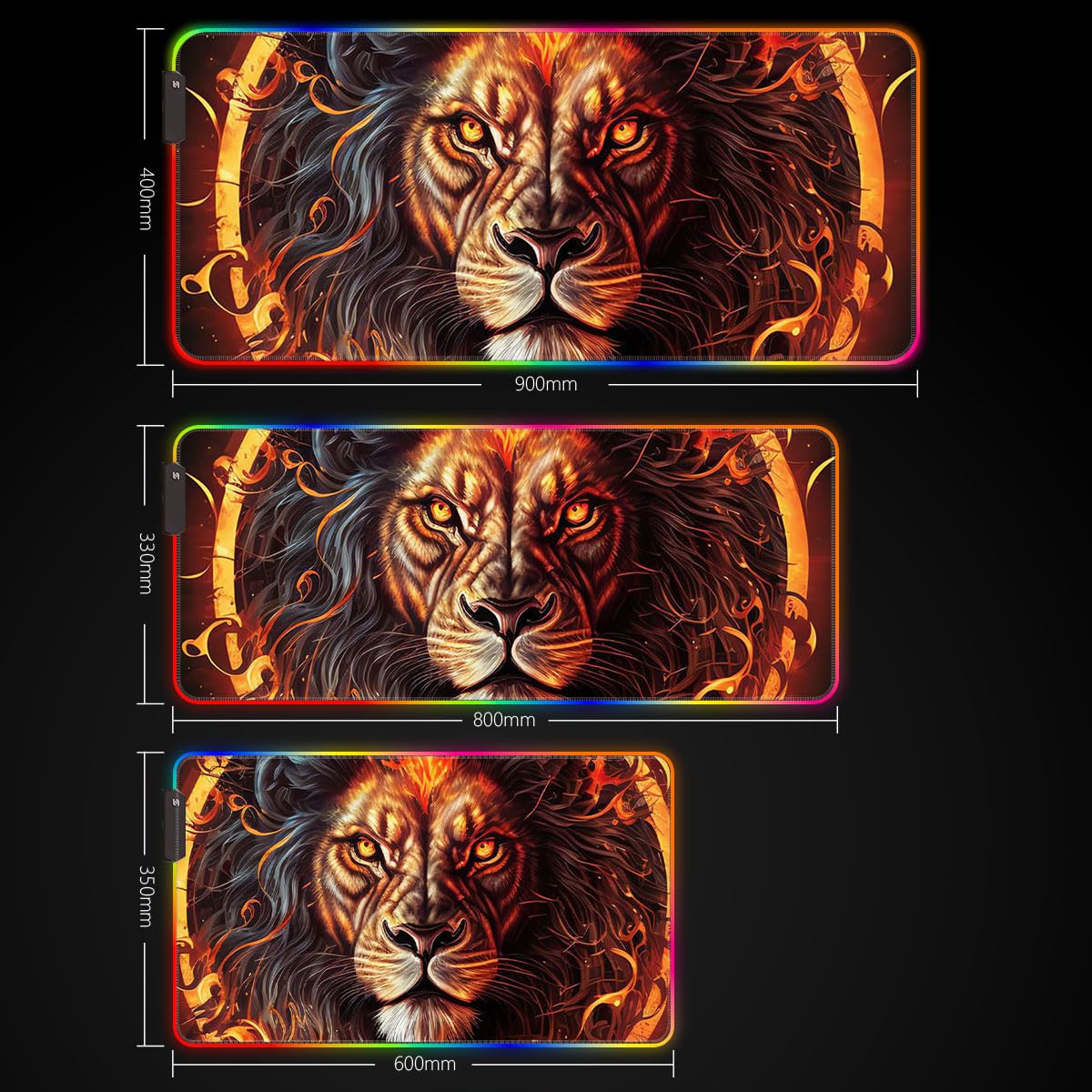 Tappetino per mouse da gioco con testa di leone di fuoco e LED, di grandi dimensioni, ROG, grande, con bordi cuciti (60 x 35 x 0,3 cm) tappetino da scrivania per ufficio