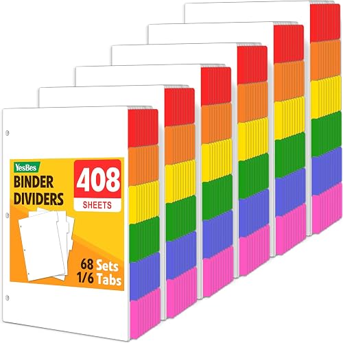 408 Pcs Binder Dividers with Multicolor Tabs, 1/6 Cut Tabs, Dividers for 3 Ring Binder, Blank Write On Binder Dividers in 6 Tab Sets, Letter Size, 408 Dividers, 68 Sets