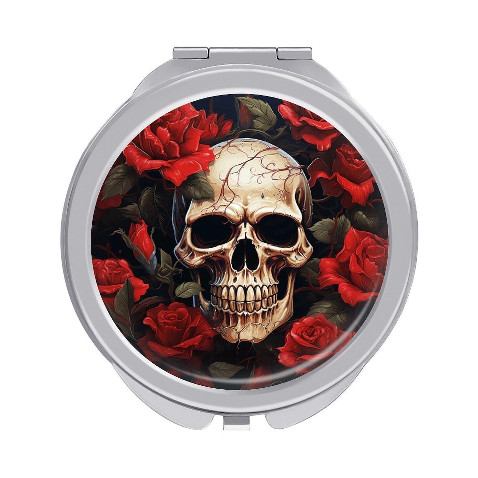 VstaDank Skull Rose-Red Travel Makeup Mirror Cute Compact Mirror for Women 1X/2X Magnifying Metal Pocket Makeup Mirrors Folding Round Makeup Mirrors for Handbag Wallet & Gift